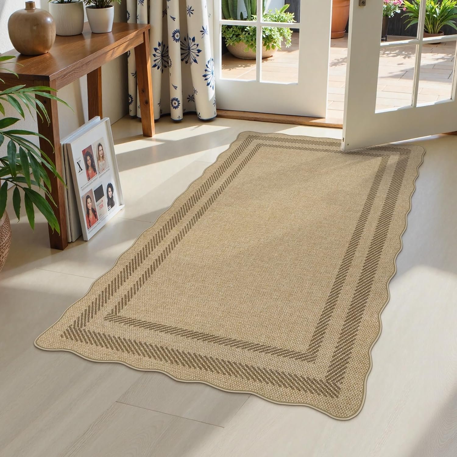 LIVEBOX Scalloped Easy Jute 3×5 Outdoor Rug, Washable Non-Slip Geometric Tan Rugs for Entryway, Indoor Outdoor Farmhouse Rug Modern Carpet Door Mat Area Rug for Patio Bedroom Living Room Kitchen Porch