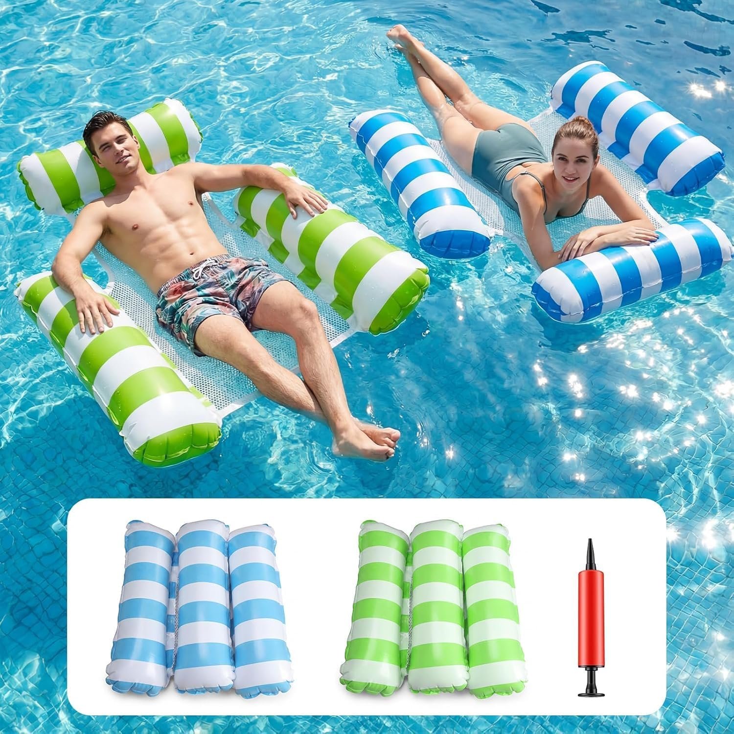 Inflatable Pool Floats Adult, 2 Pack Thick Pool Floaties Heavy Duty, Non-Stick PVC Rafts Chairs with Mesh Seat, Hammock Noodles Lounger for Summer Water Party Lake Beach