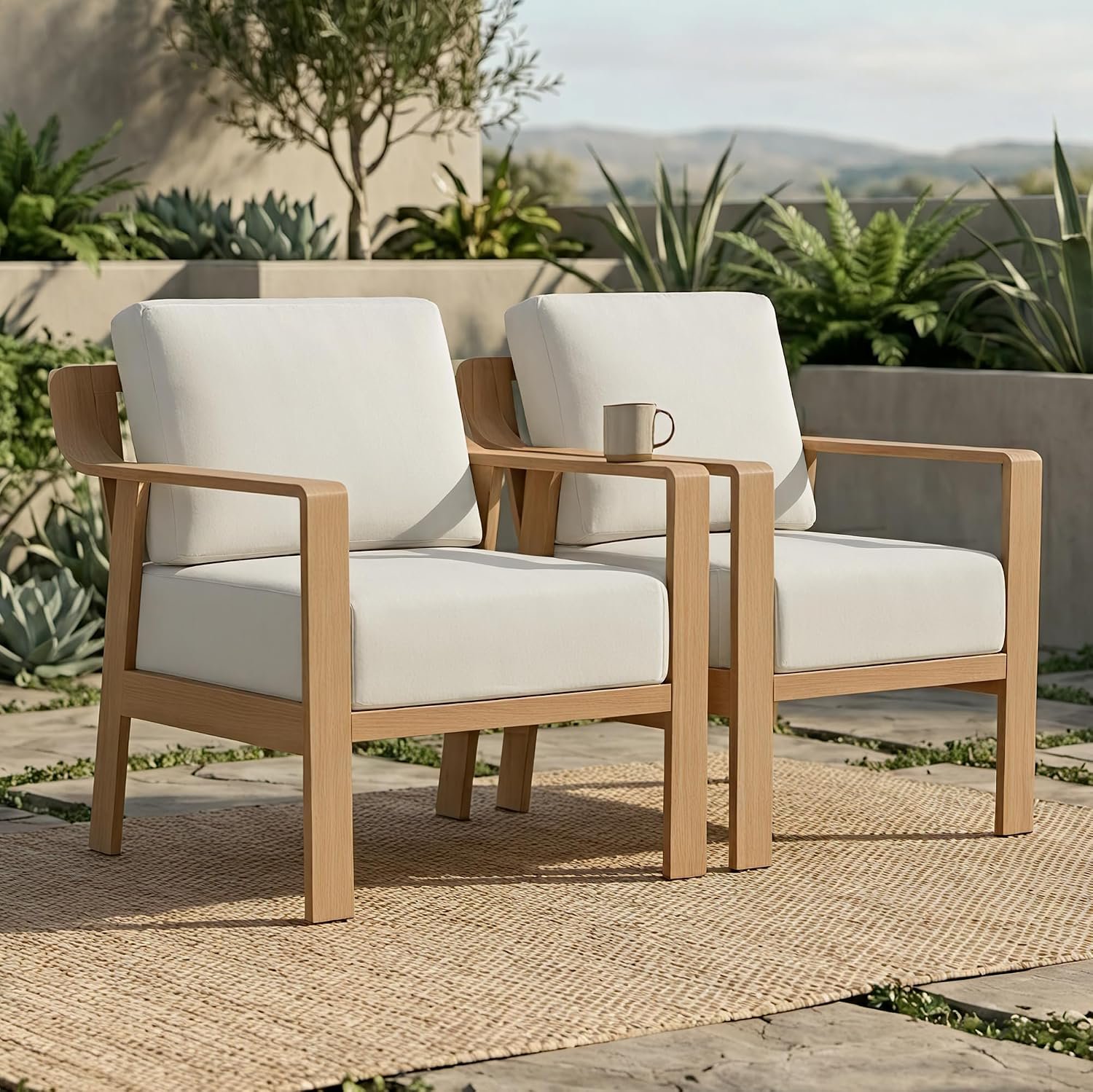 KISLOT Aluminum Outdoor Patio Furniture Armchairs,Outside Patio Sofa with Washable Thick Cushion, Patio Sofa Couch Set of 2 for Porch, Balcony, Deck, Yard,Wood-Grain Frame