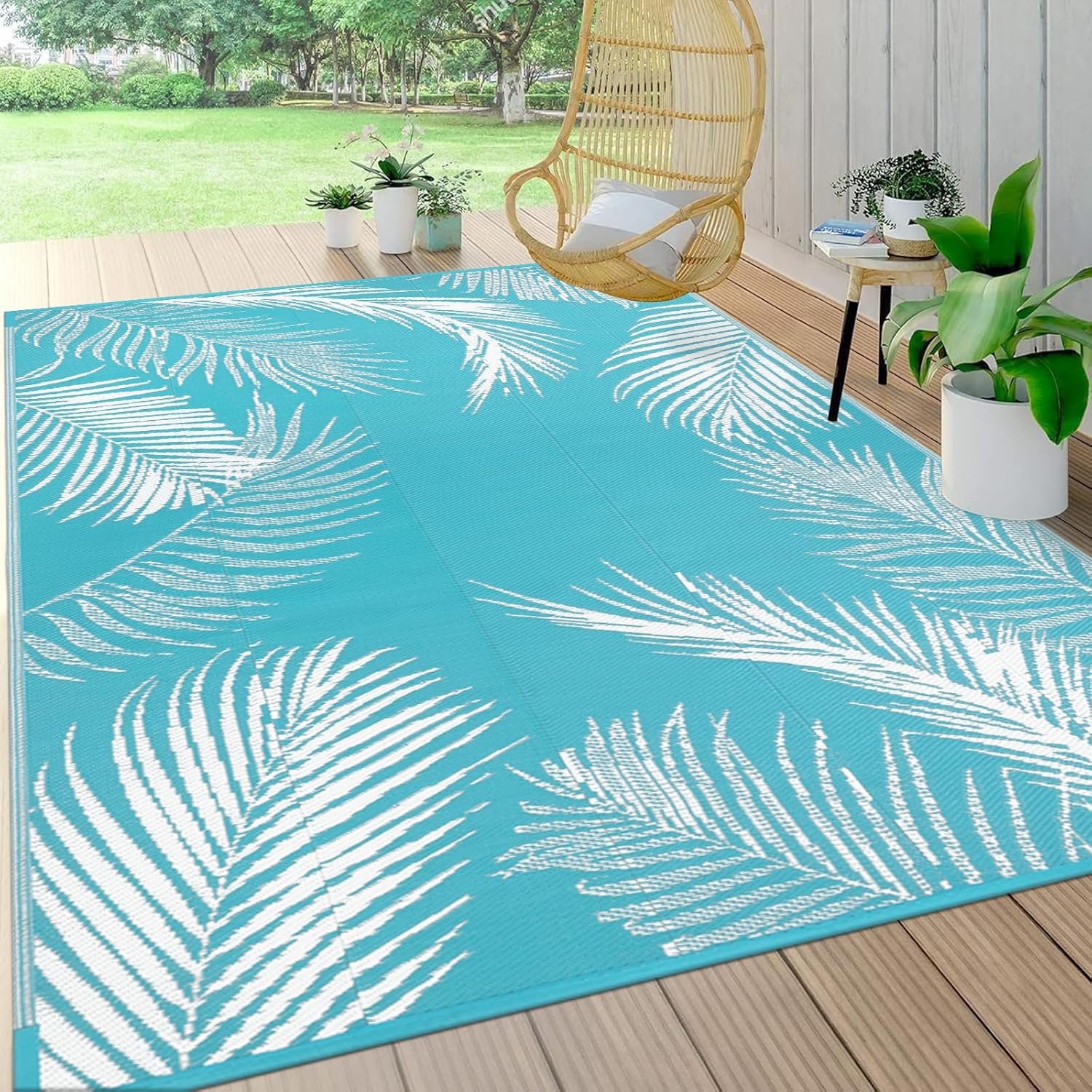 Pauwer Waterproof Outdoor Rug 5×8, Plastic Straw Patio Mat, Leaf Teal | Reversible Camping Rug, UV Resistant Indoor Outdoor RV Mat Carpet For Deck, Camper, Porch, Balcony, Backyard, Picnic