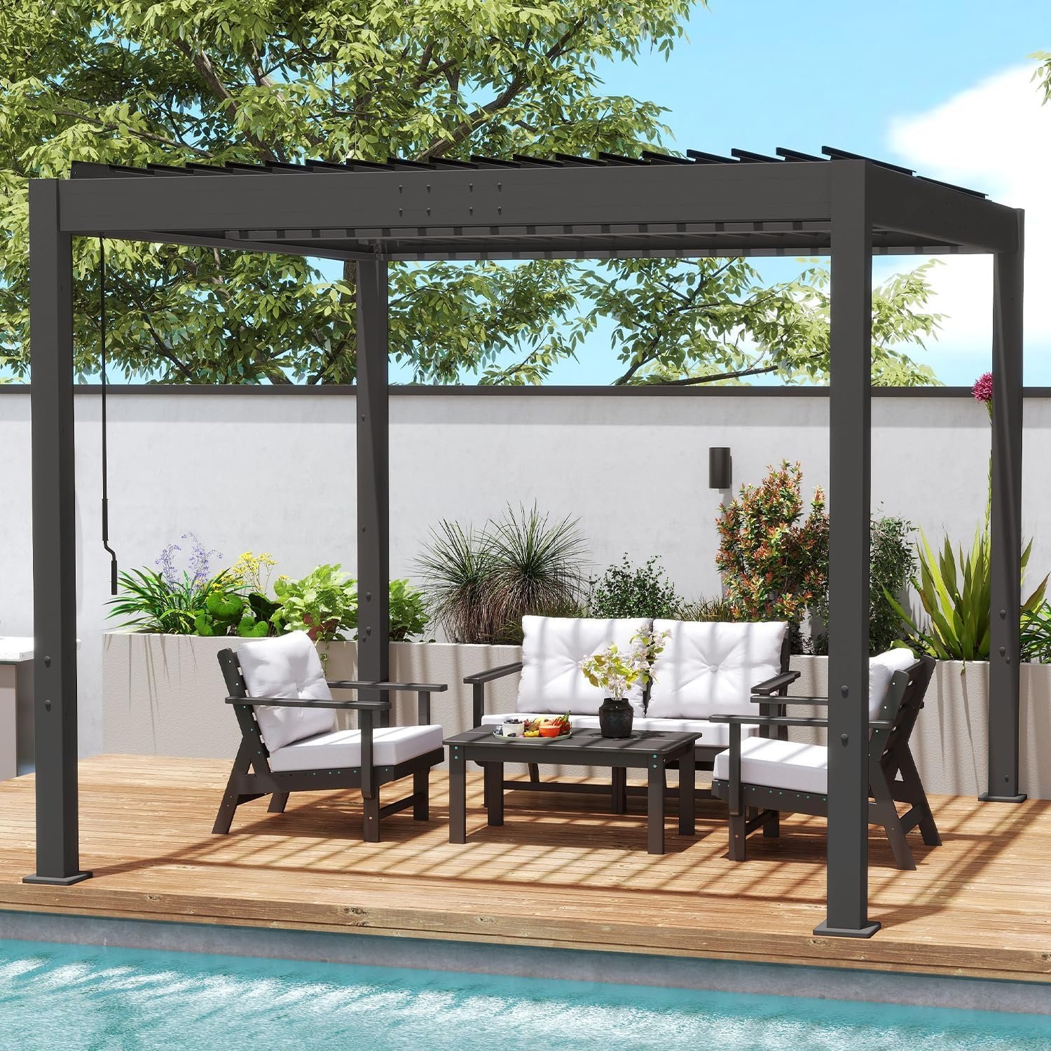 GREENVINES Louvered-Pergola | 10’ x 10’ | Patio Pergolas with Adjustable Roof | Hidden Drainage System | Outdoor Gazebo | Aluminum Frame | Hardtop | for Deck Garden Backyard | Black