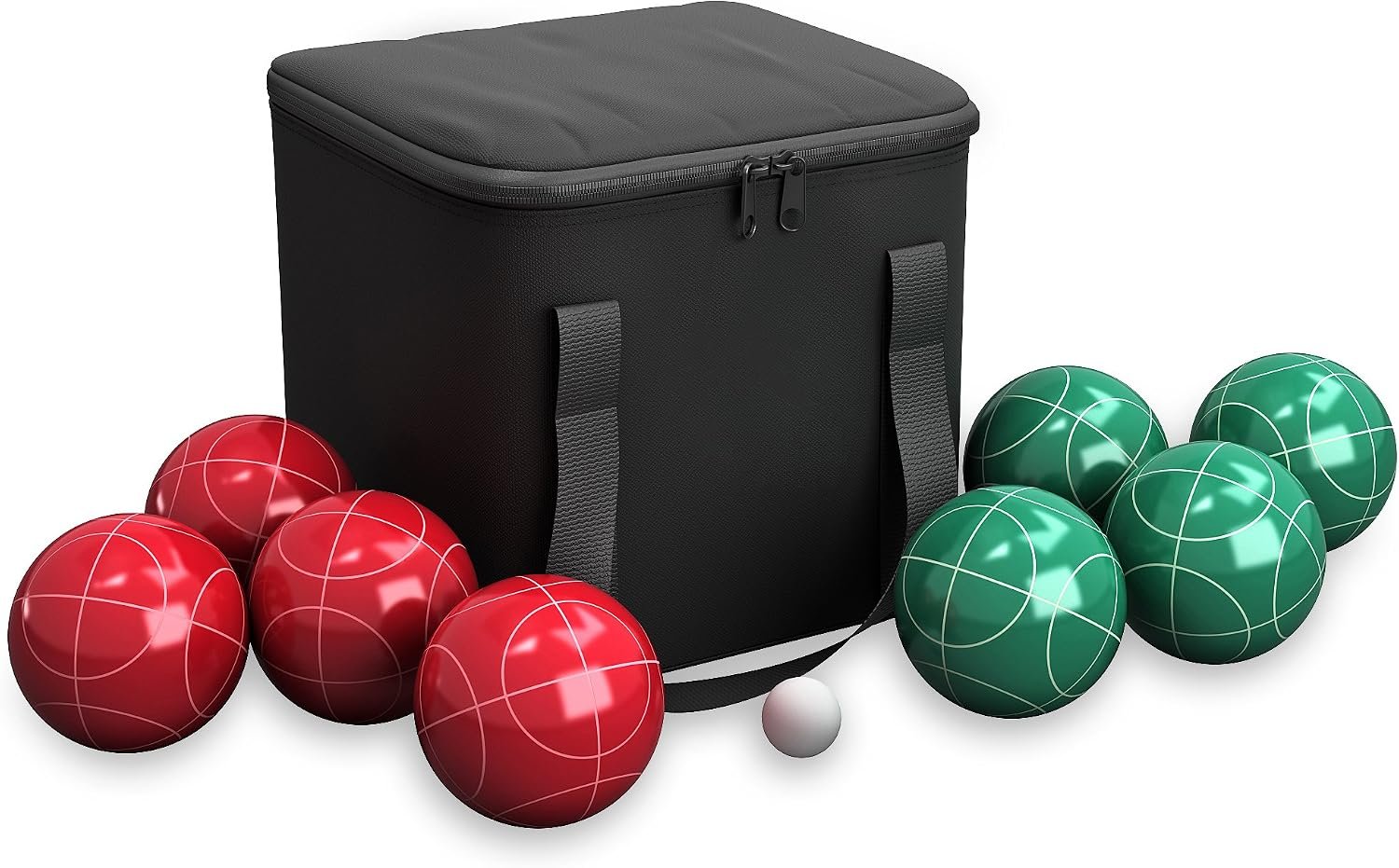 HEY! PLAY! Bocce Ball Set – Lawn Game for Backyard, Beach, or Wedding – Includes Red and Green Bocce Balls, Pallino, and Carrying Case by Trademark Games