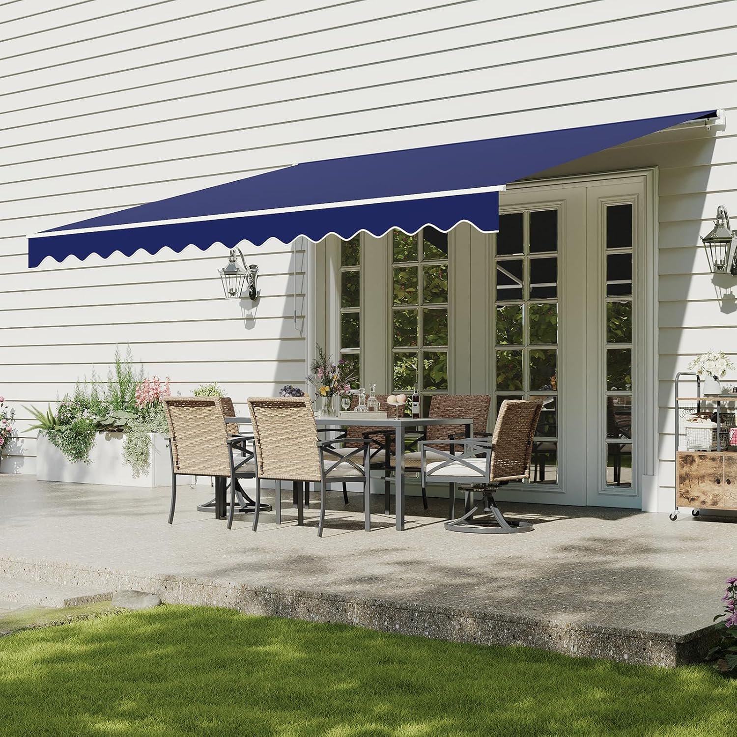 Aoxun Manual Retractable Awning for Outside 12×10 FT Outdoor Patio Sun Shades Canopy with Crank Handle Waterproof Polyester PA Coated Fabric for Backyard Deck Window Blue
