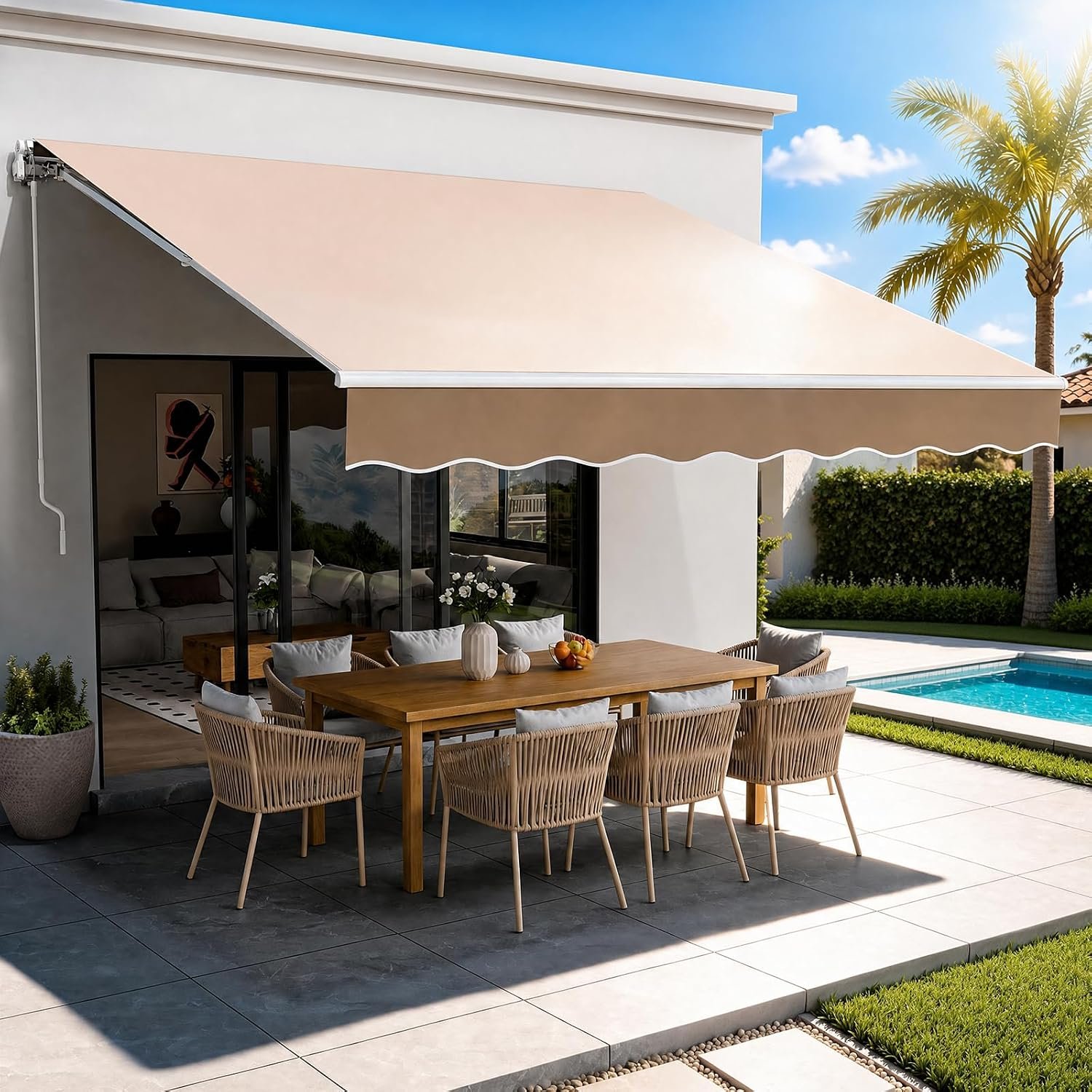 VEVOR Manual Retractable Awning, 12 x 10 ft Outdoor Patio Awning Retractable Sun Shade, Patio Door Window Water-Resistant Polyester Awning Sunshade Shelter with Crank Handle for Balcony, Backyard