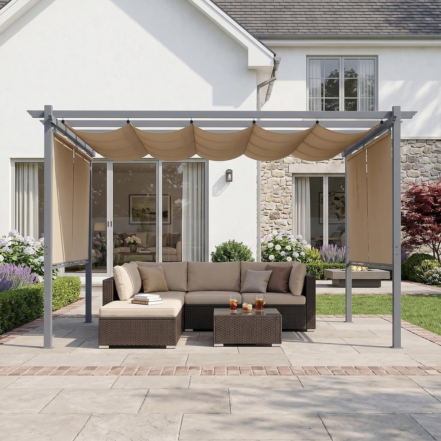 Aoodor 10 x 10 ft Outdoor Pergola with Retractable Shade Canopy, Matte Aluminum Frame, 4 Roller Shade Curtains, Grape Trellis for Patio, Backyard, Garden, and Deck, Brown