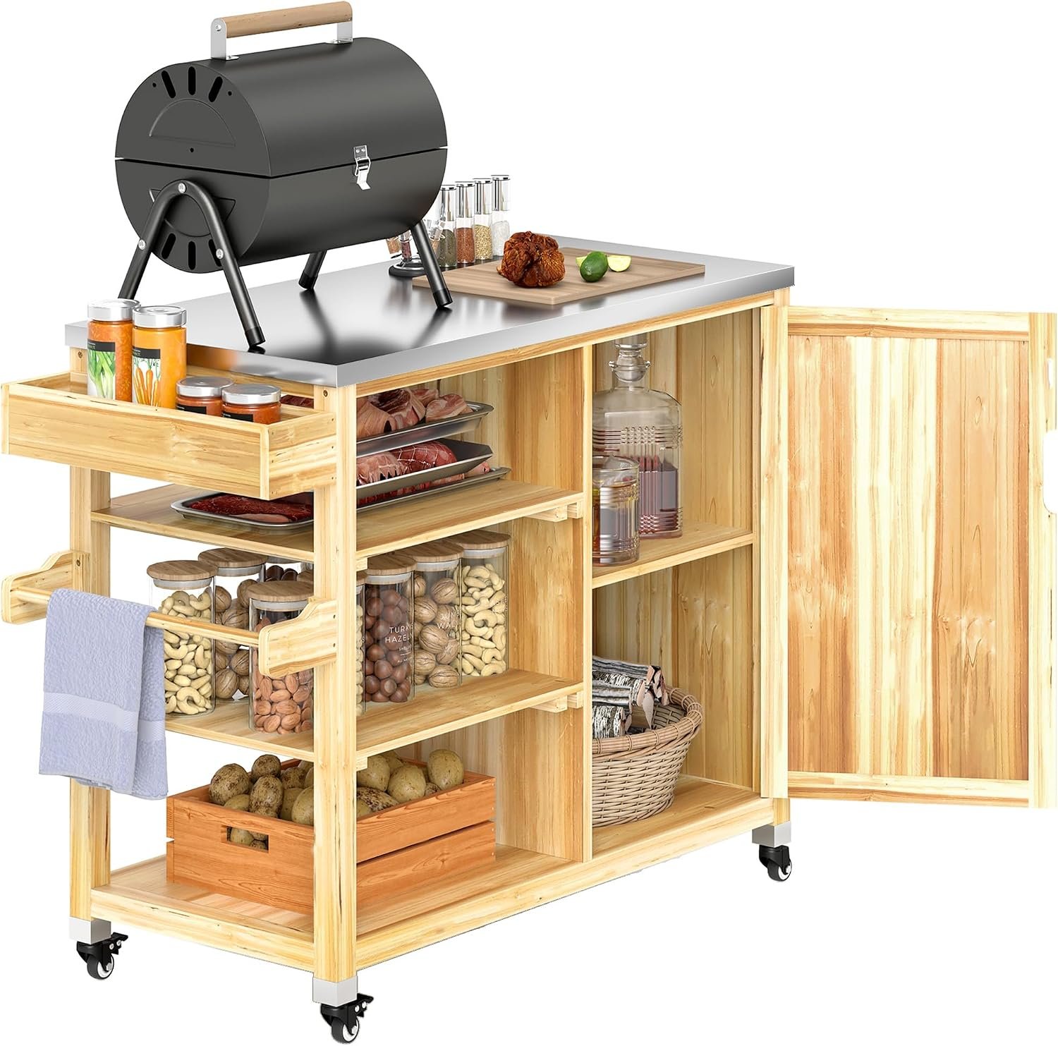 Outsunny Outdoor Grill Cart, Storage Cabinet, Outdoor Kitchen Island | Wheels, Stainless Steel Top, Movable Bar Cart for BBQ and Camping, Spice Rack and Towel Holder, Solid Wood, Natural Wood