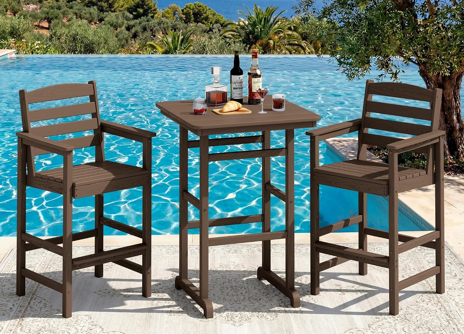 SERWALL 3 Pcs HDPE Bar Height Adirondack Chairs and Bar Table Set, Coffee | Balcony Adirondack Chairs and Pub Table Set, All Weather Patio Bar Set, Outdoor Bar Stools Furniture Set