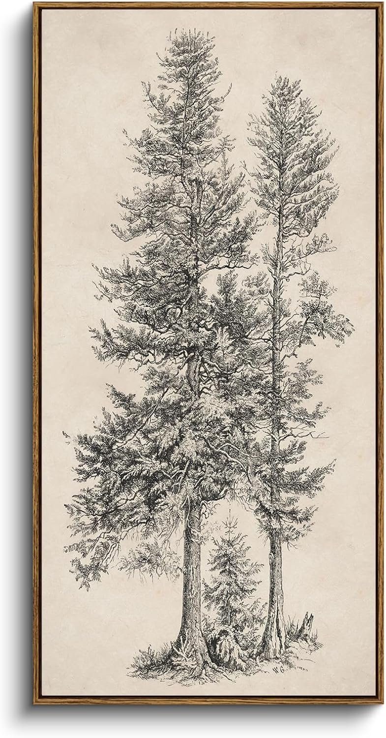 InSimSea Extra Large Framed Vertical Vintage Wall Art, Sketch Two Trees Living Room Decor, Black Beige Rustic Canvas Prints, Nature Long Pictures for Office Kitchen Foyer Stair, 20x40inch