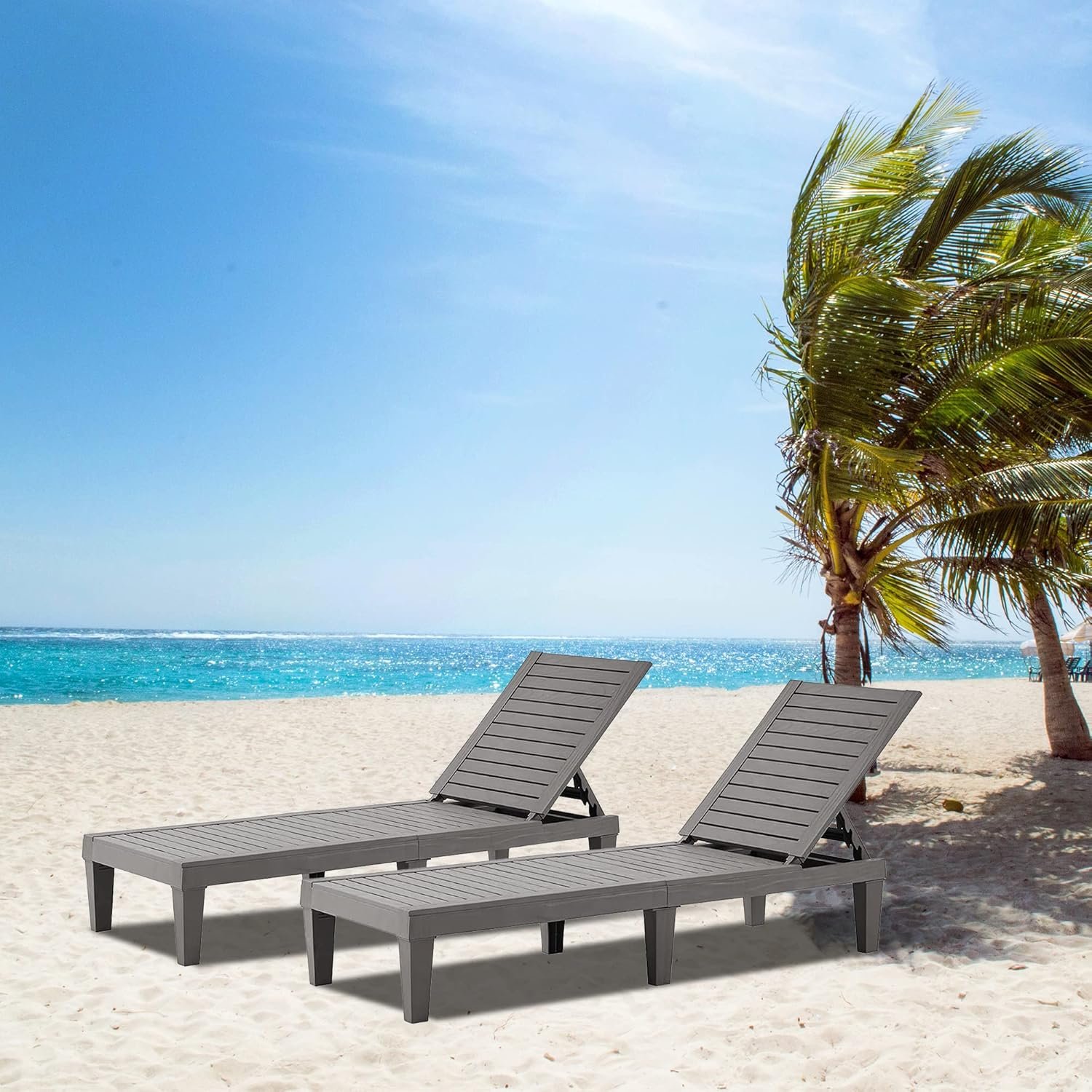 EUNHOO Outdoor Chaise Lounge Set of 2, Adjustable Pool Lounge Chair with 5 Positions Backrest, Waterproof Sun Loungers for Garden Pool Beach Patio Deck Sunbathing