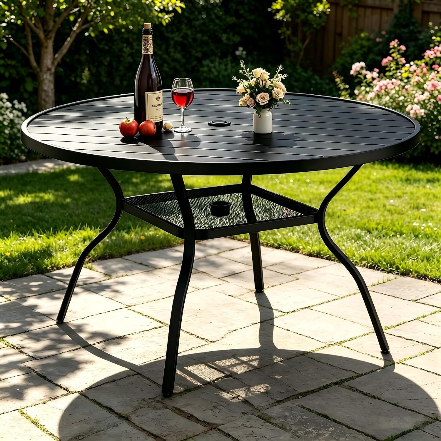 47.3 Inch Outdoor Dining Table for 6 – E-Coating Metal Round Patio Table with Adjustable 1.57″ Umbrella Hole, All-Weather Table for Porch, Garden, Backyard, Poolside, Lawn