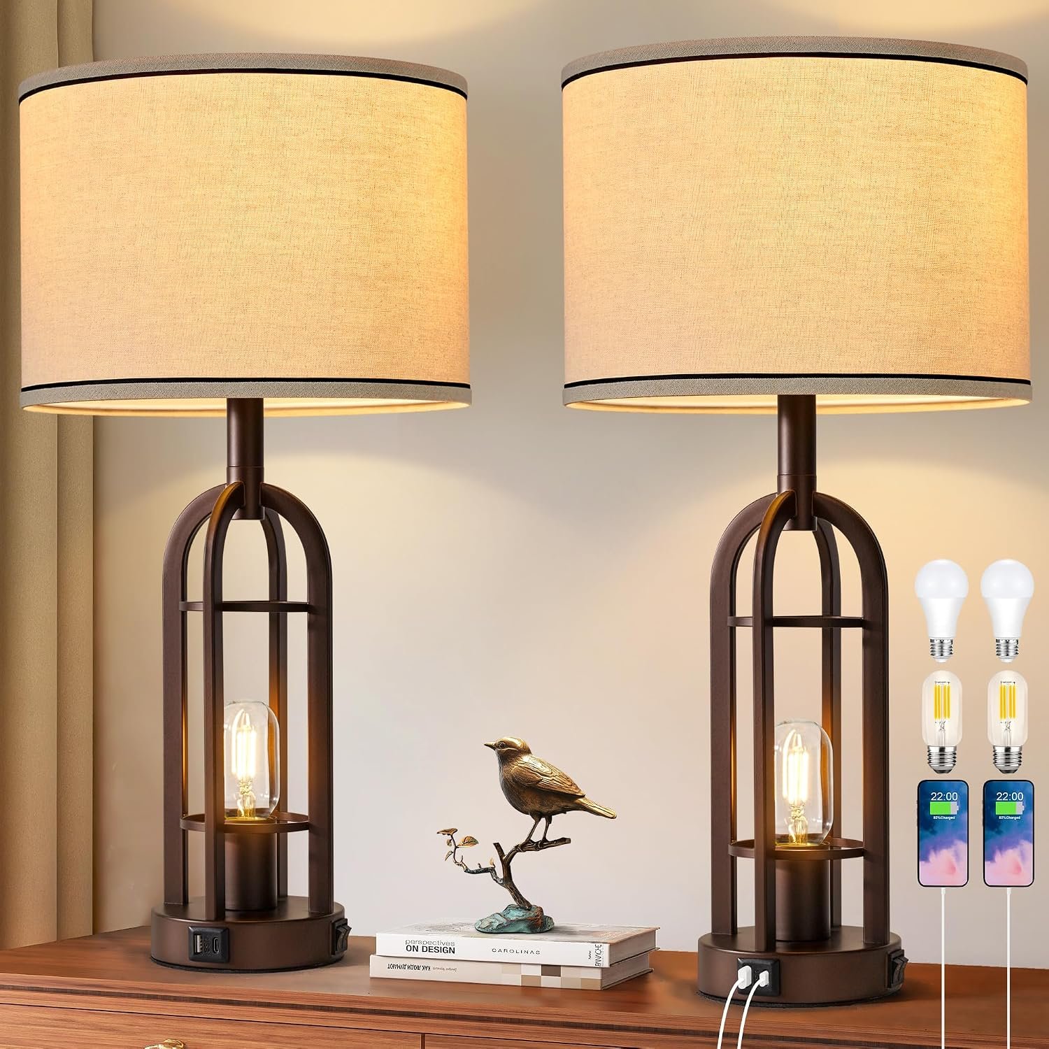 SRJJA Farmhouse Table Lamps for Living Room Bedroom Set of 2 – Rustic Industrial Bedside Lamps for Night Stands with USB A+C, 24″ Vintage Nightstand Lamp with Night Light, Bulbs Included