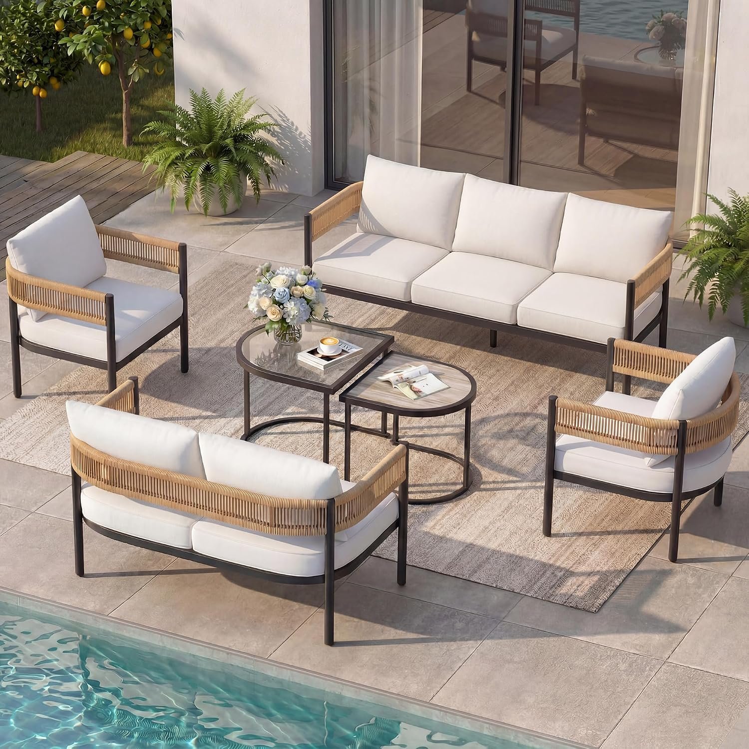 Grand patio 6-Piece Wicker Outdoor Furniture Set with 3-Seat Couch, Thick Cushions and Coffee Table, Patio Sofa Conversation Set for Backyard, Balcony, Natural