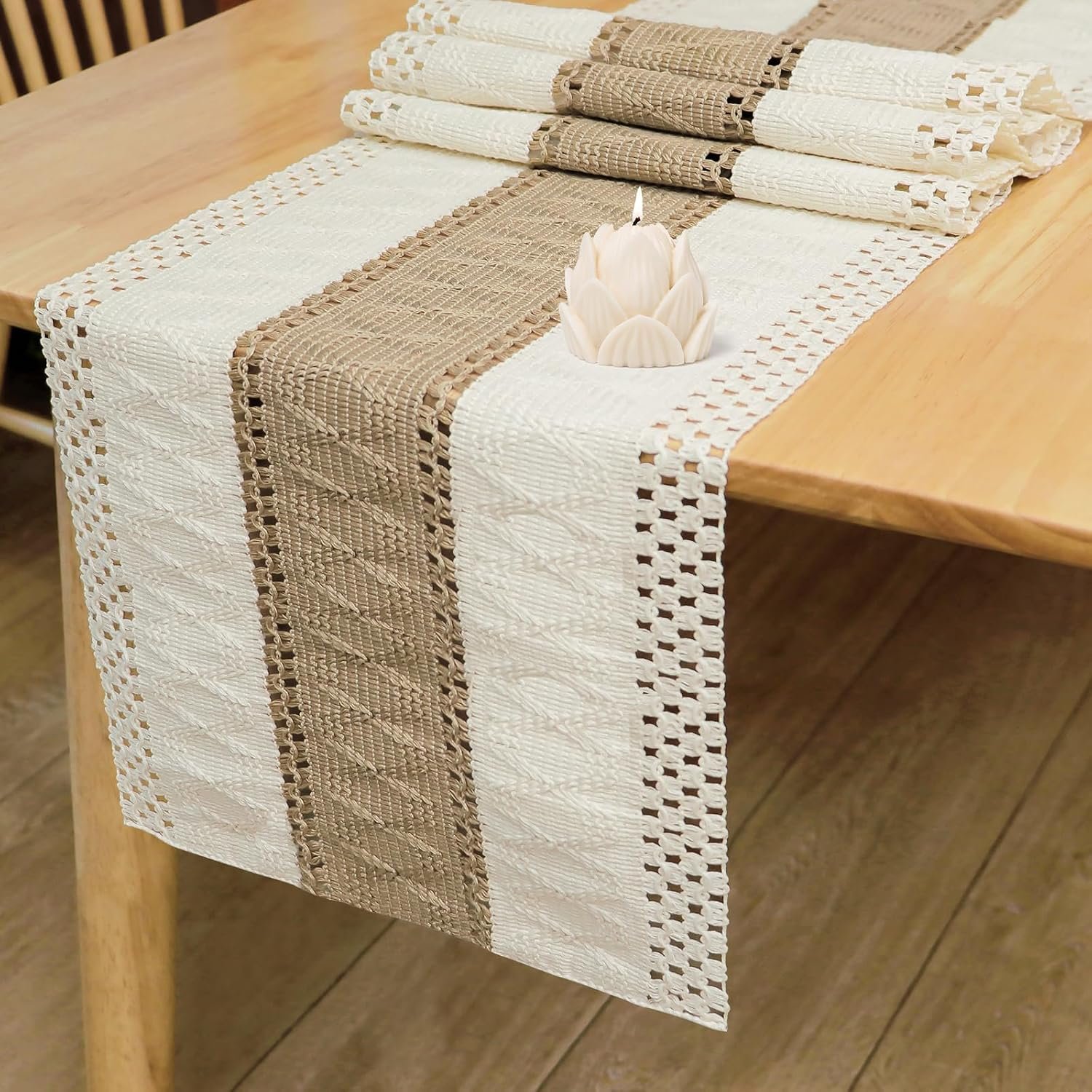 Bloss Boho Table Runner 72 Inches Long Farmhouse Rustic Tables Runner, Cream & Brown Cotton Table Runner, Woven Easter Summer Tables Runners for Kitchen Dining Table Decor,Coffee Table & Living Room