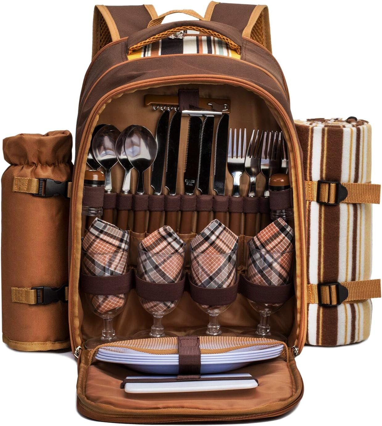 Apollo Walker Picnic Backpack Bag for 4 Person with Cooler Compartment,Wine Bag, Picnic Blanket(45″x53″),Best for Family and Lovers Gifts (Brown)