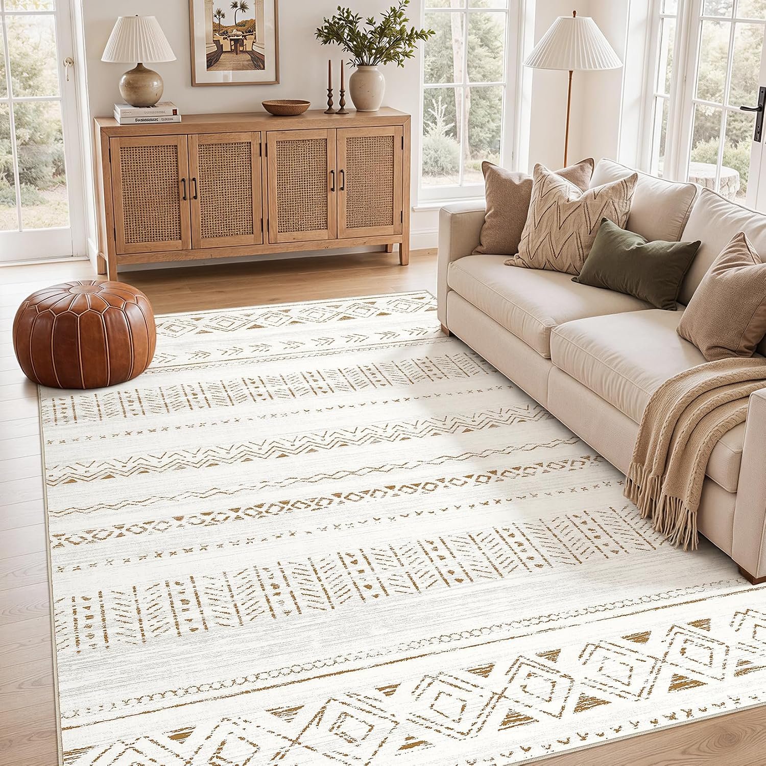 cotiled 5×7 Area Rugs Living Room Rug: Washable Boho Rugs with Non Slip Backing Large Soft Indoor Stain Resistant Carpet for Bedroom Farmhouse Dining Room Lightweight Home Decor Brown/Cream