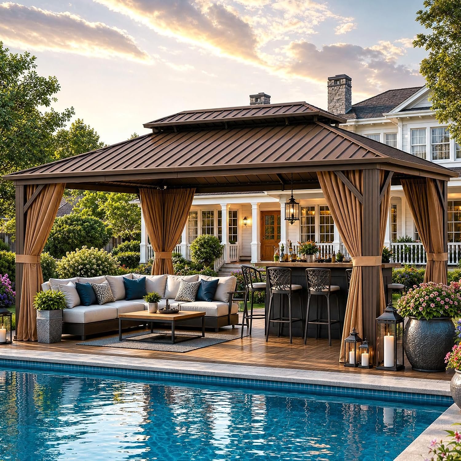 Aoxun 12’x16’ Hardtop Gazebo with Galvanized Steel Double Roof Brown | Permanent Metal Outdoor Pergola with Mosquito Screens and Privacy Curtains for Lawn, Garden, Patio