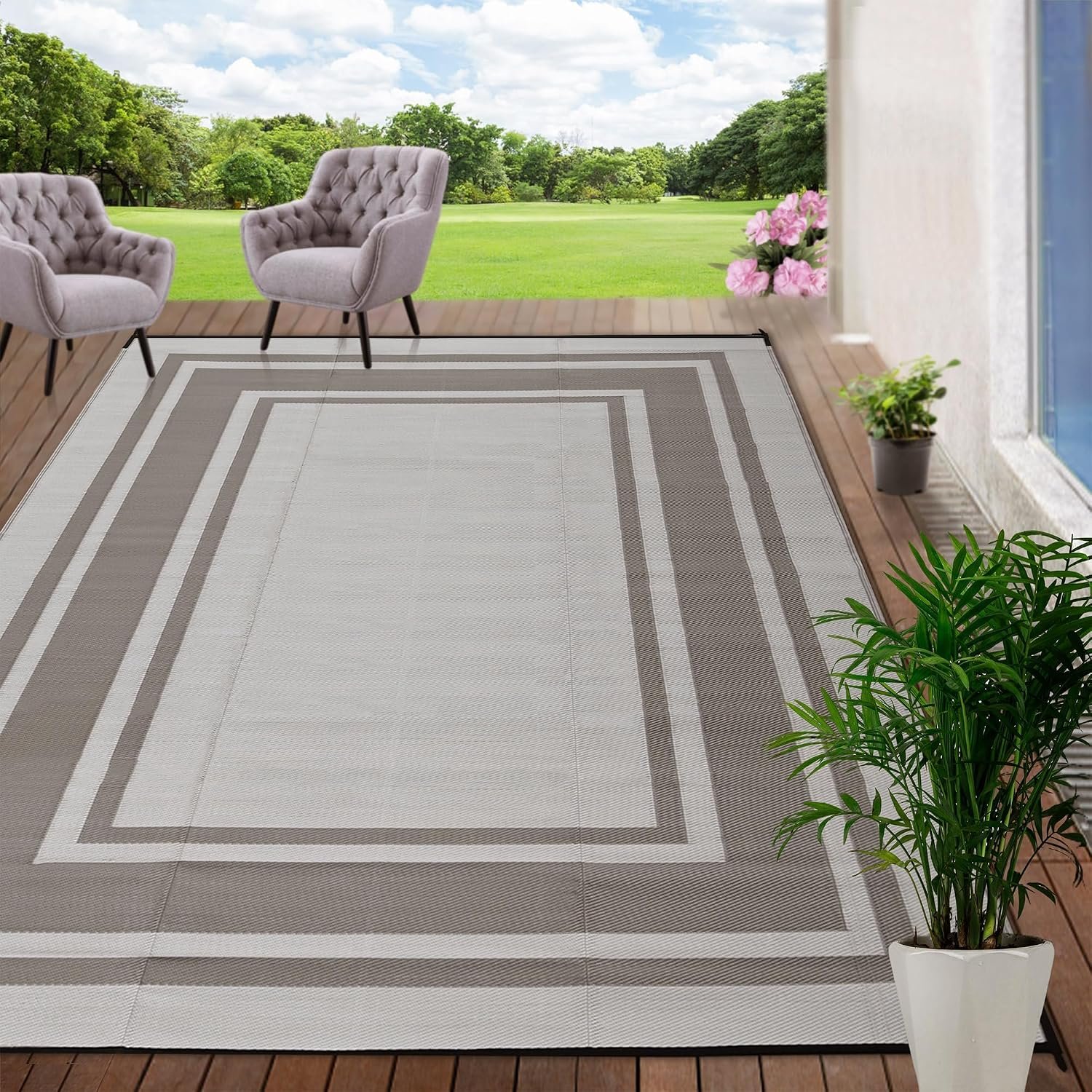 RURALITY Outdoor Rugs 5×8 for Patios Clearance,Waterproof Plastic Straw Mats for Porch,Deck,RV,Backyard,Balcony,Reversible,Recyclable,Easy to Clean,Modern Geometric
