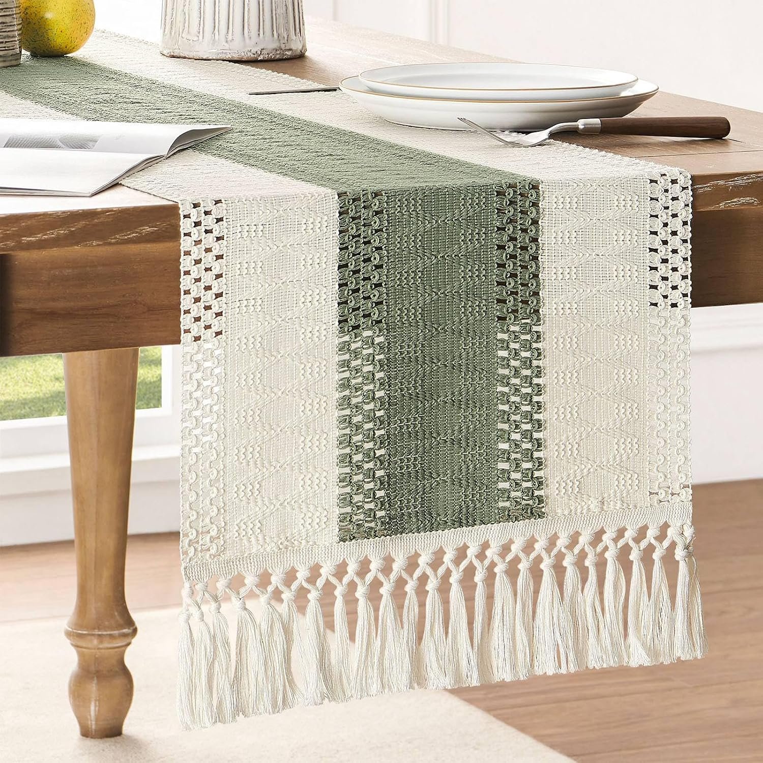 ZeeMart Macrame Style Bicolor Stitching Table Runner 14x72in Green | Woven Boho Table Runner with Handmade Tassels, Crochet Hollow Table Scarf, Farmhouse Kitchen Home Decor Dresser Runner