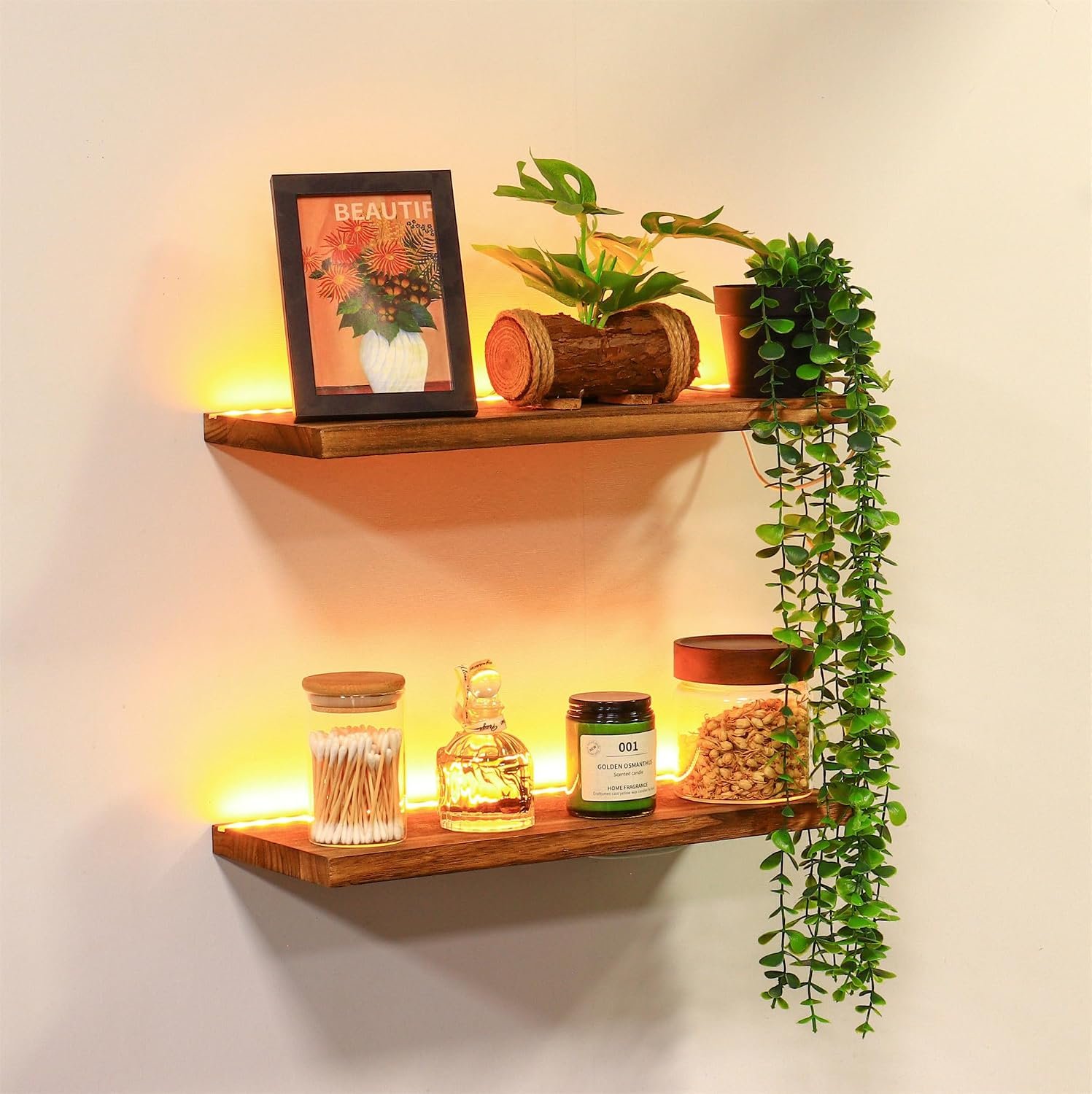 Floating Shelves for Wall Mounted Shelves with LED Lights Set of 2, Sturdy Rustic Wood Shelves Farmhouse Shelf Hanging for Bedroom, Bathroom, Living Room, Kitchen, Office