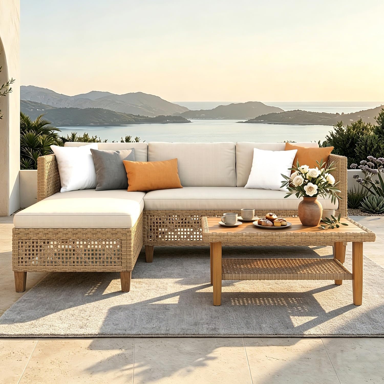 MFSTUDIO L Shaped Outdoor Couch Set, Wicker Patio Furniture Set, Rattan Outdoor Sectional Sofa with Acacia Wood Coffee Table, 3 Pieces Small Patio Conversation Set for Backyard, Beige