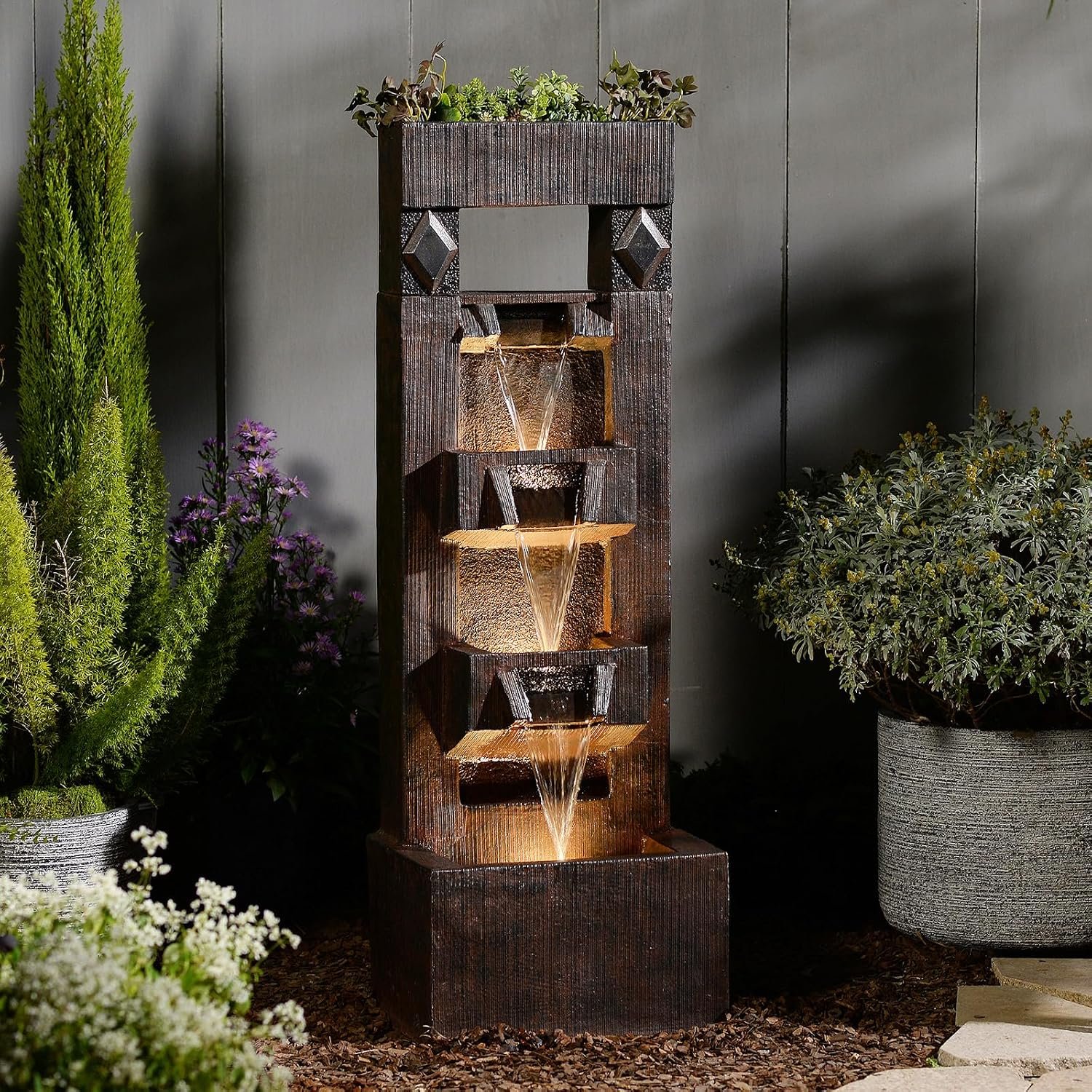 Bumilgar 40.9″ H 4-Tier Indoor/Outdoor Modern Water Fountain with Led Lights and Pump, Outdoor Freestanding Cascading Waterfall – Suitable for Garden, Patio, Porch, Yard and Outdoor Decor (Brown)