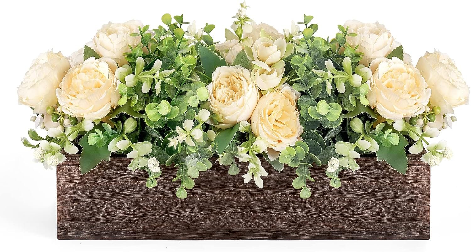 Dahey Centerpiece Table Decorations for Dining Room Farmhouse Table Centerpieces Decor Wood Tray with 3 Artificial Flowers and 2 Eucalyptus for Living Room Kitchen Table, 14.1″ x 4.7″ x 3.1″