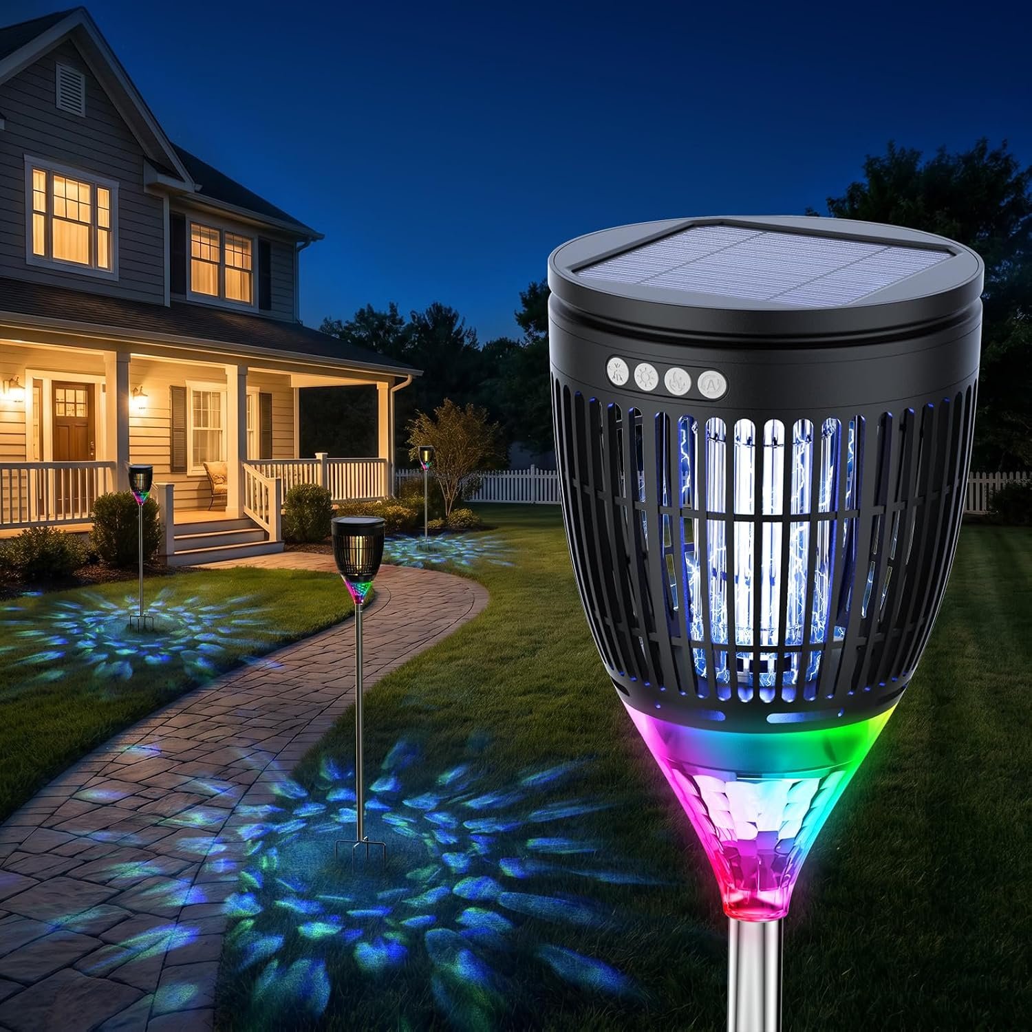 Rossetta Solar Bug Zapper Outdoor, Fly Zapper with Flame & Projector Light | 4200V Shock Grid, Solar & USB Charging, IPX5 Waterproof, Auto Mode, Cordless Electric Mosquito Killer for Patio, Garden