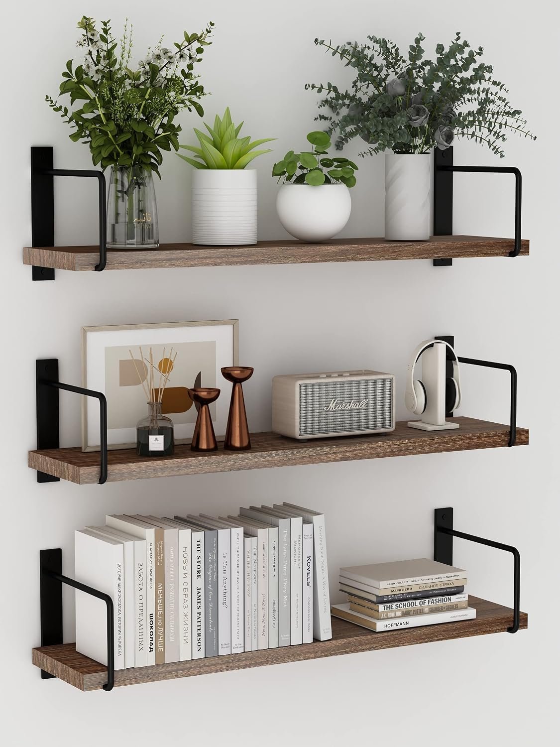 Floating Shelves, 24 Inches Easy to Install Wall Mounted Shelves, Set of 3, Rustic Wood Shelves for Wall Decor, Storage Shelves for Living Room (Brown)