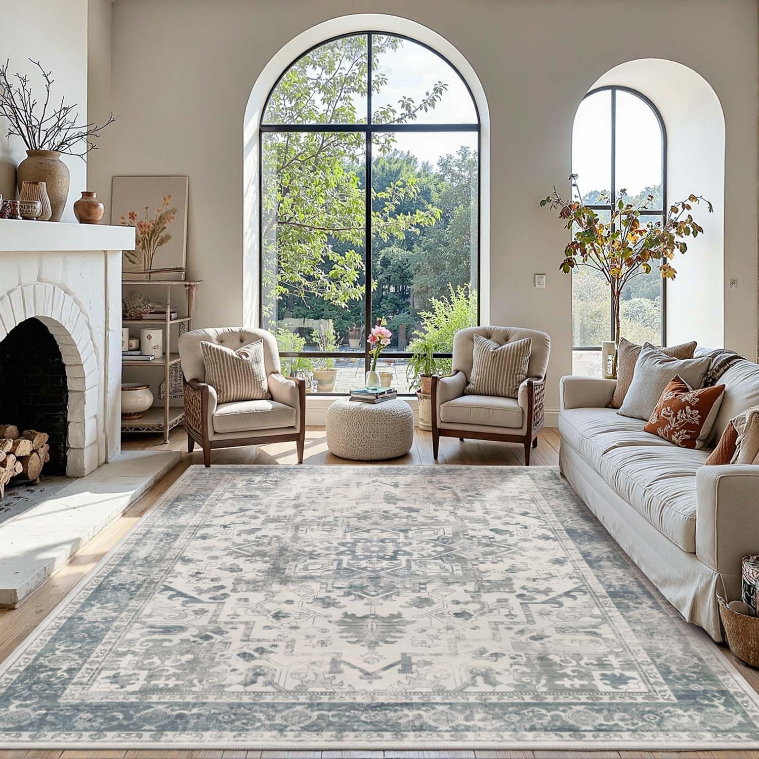Rugxara Area Rugs 5×7, Washable Rugs for Living Room,Bedroom,Blue Rug | Non-Slip, Soft Vintage Boho,Blue decor for Office,Dining,Kids Room & Farmhouse,Durable Low Pile Ideal for High Traffic Areas