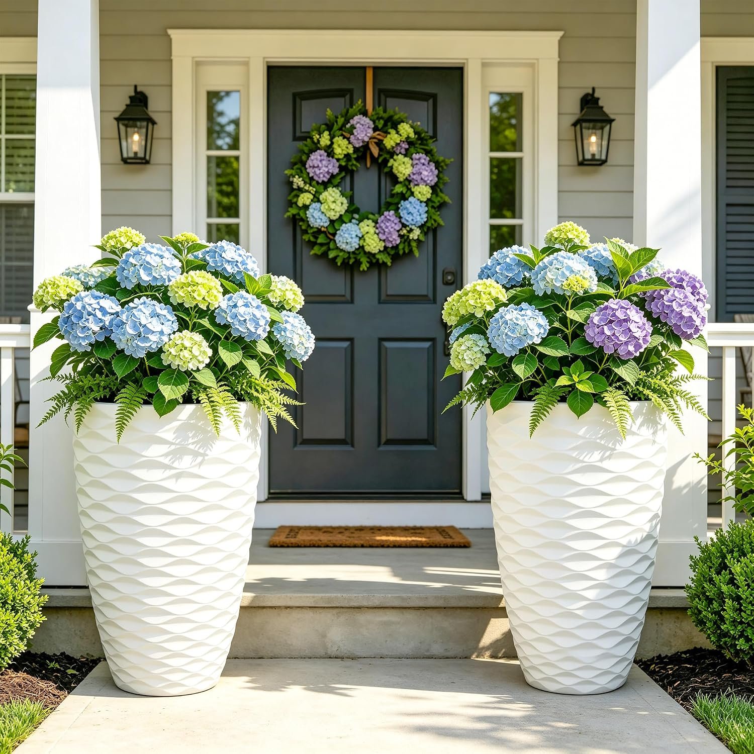 2-Pack 19″ White Resin Tall Outdoor Planters with Wave Texture | High-density resin planters with Nordic wave texture, drainage holes, and weather-resistant finish for porch or patio