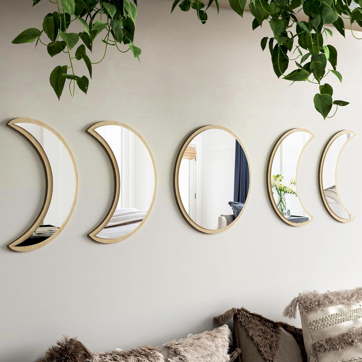 10.4″ Raw Acrylic Moon Phase Wall Mirror Set – 5-Piece Boho Celestial Decor for Living Room Bedroom Entryway, Easy Stick-On Installation, Shatterproof Safety Design