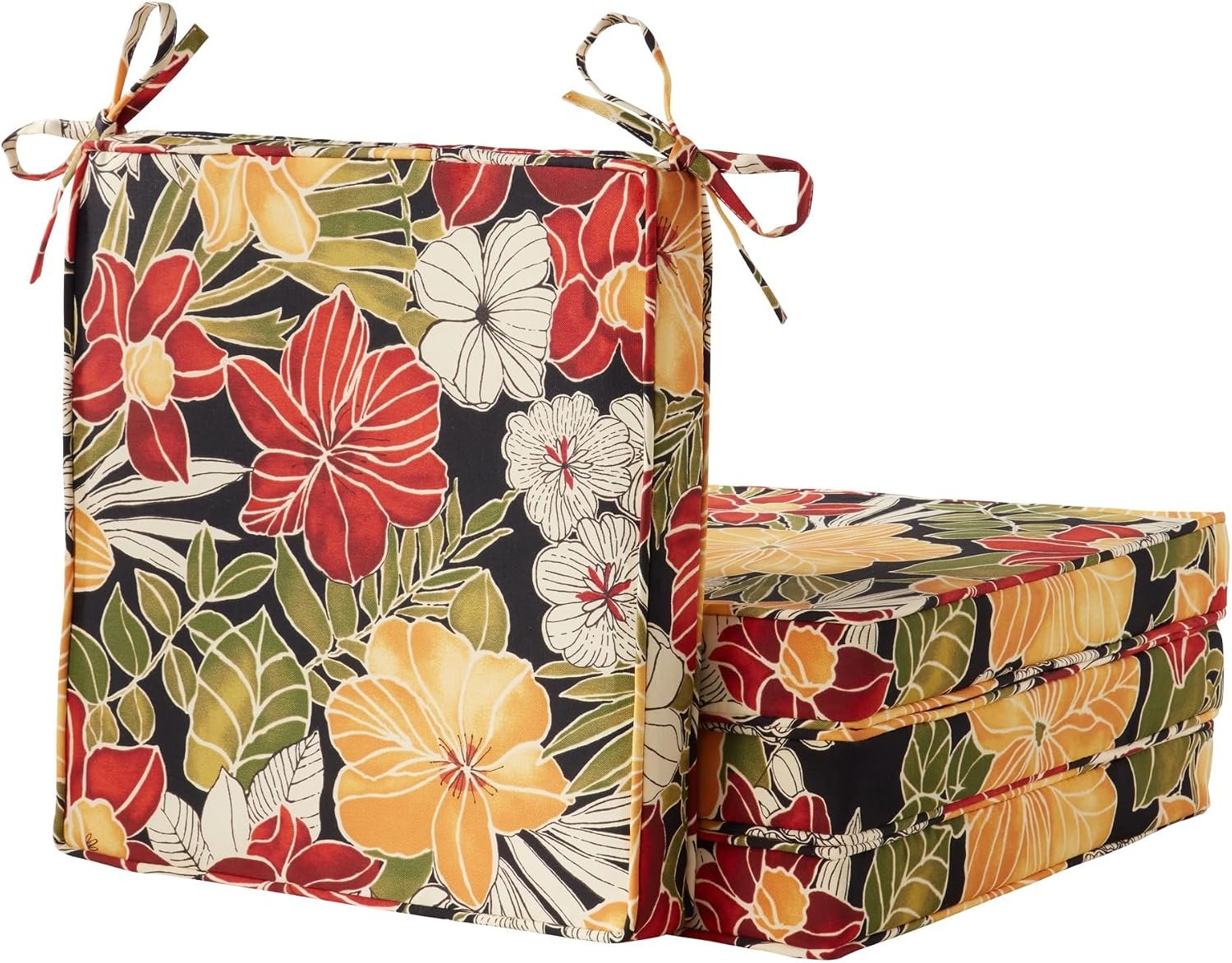 Outdoor 18 inch Square Patio Dining Chair Pads – Comfortable Fiber-Filled Seat Cushions with Ties, Reversible Polyester Fabric – Aloha Black Floral, Set of 4