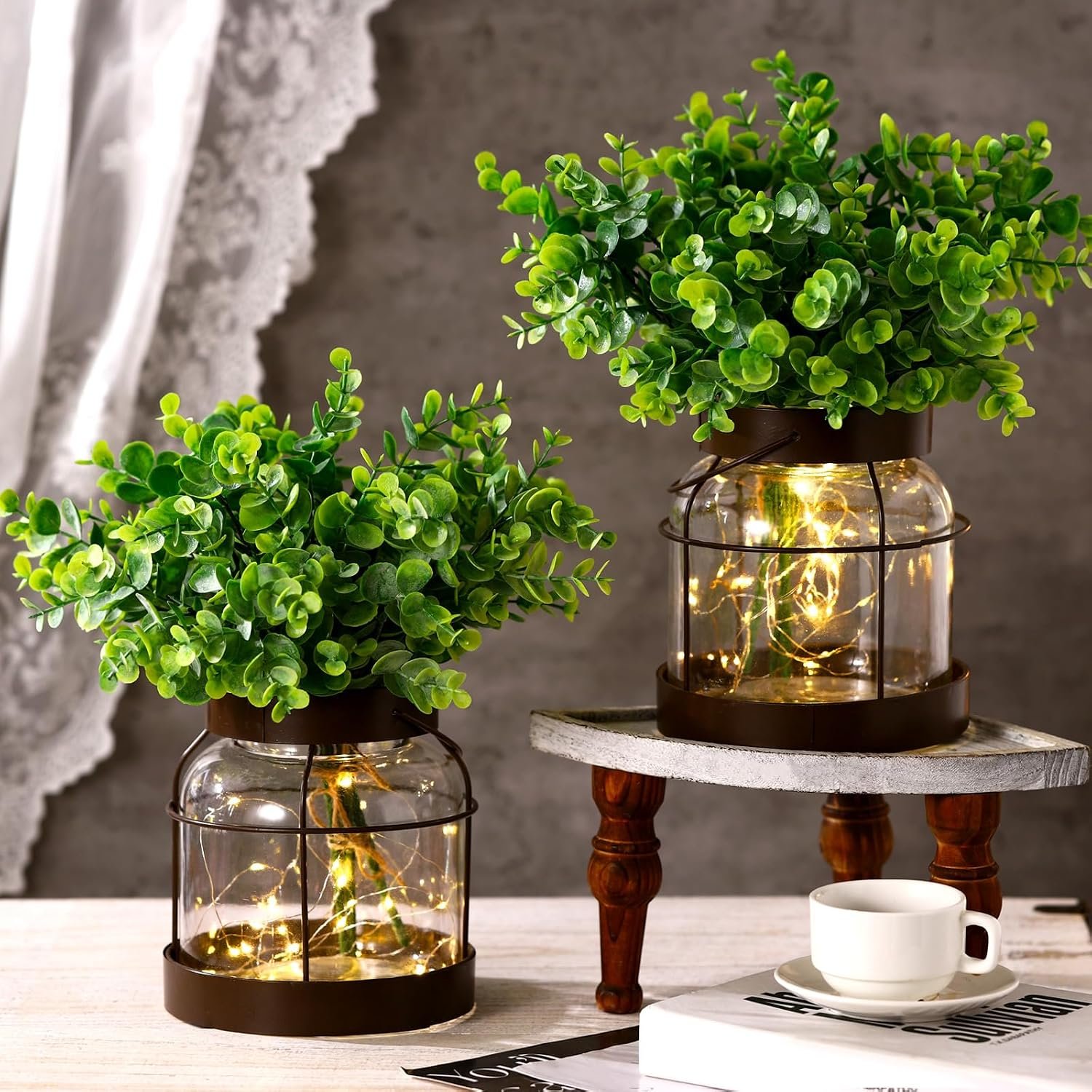 2 Set Vintage Glass Vase Eucalyptus Rustic Farmhouse Lantern Decor with Artificial Plants Lights Decorative Clear Vase for Home Decor Floral Arrangement Dining Tabletop Centerpieces