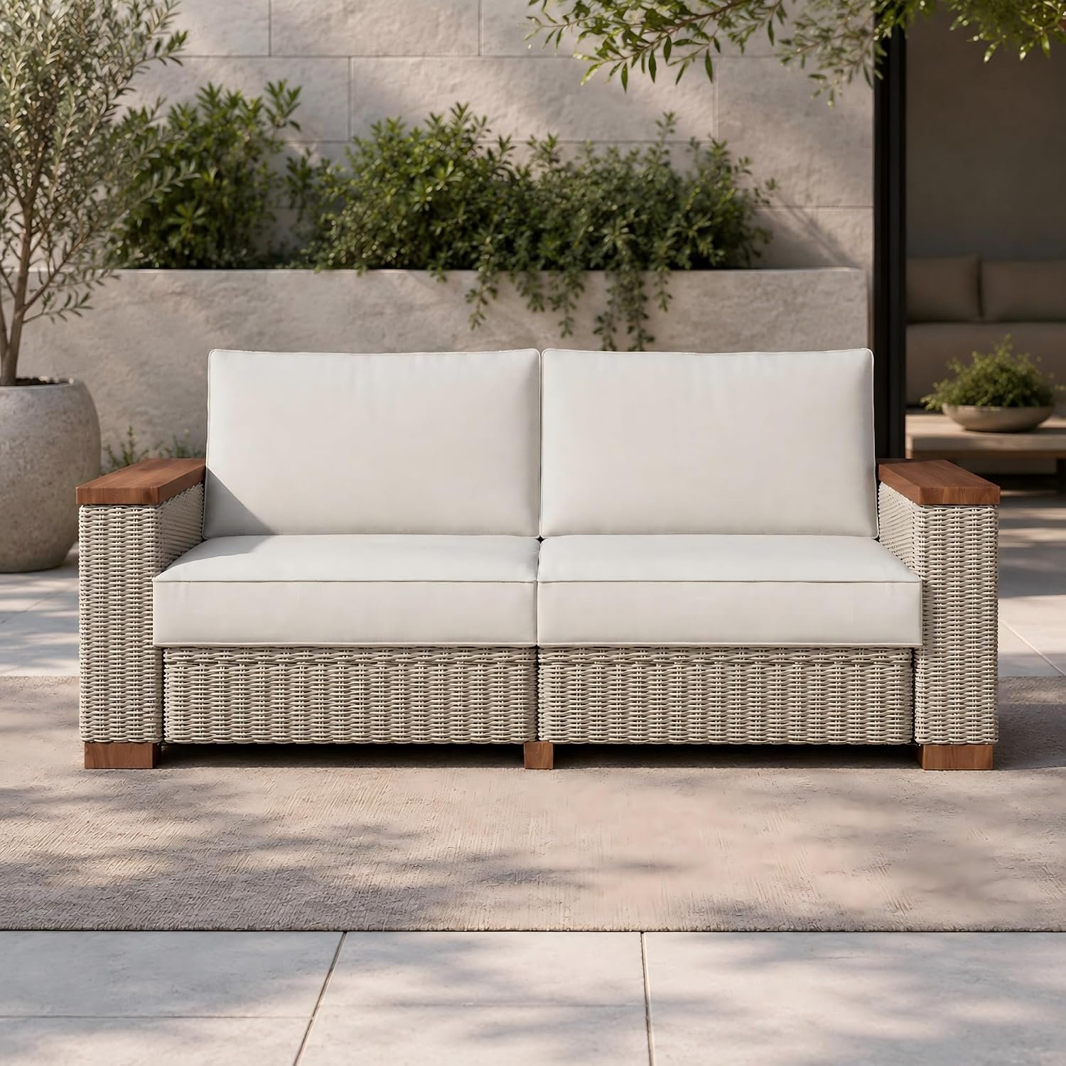 PaPaJet Outdoor Loveseat Patio Sofa, Wicker Couch with Solid Armrests & Legs, 4.7″ Thick Cushion, UV-Resistant Modular Sofa for Porch, Backyard, Garden