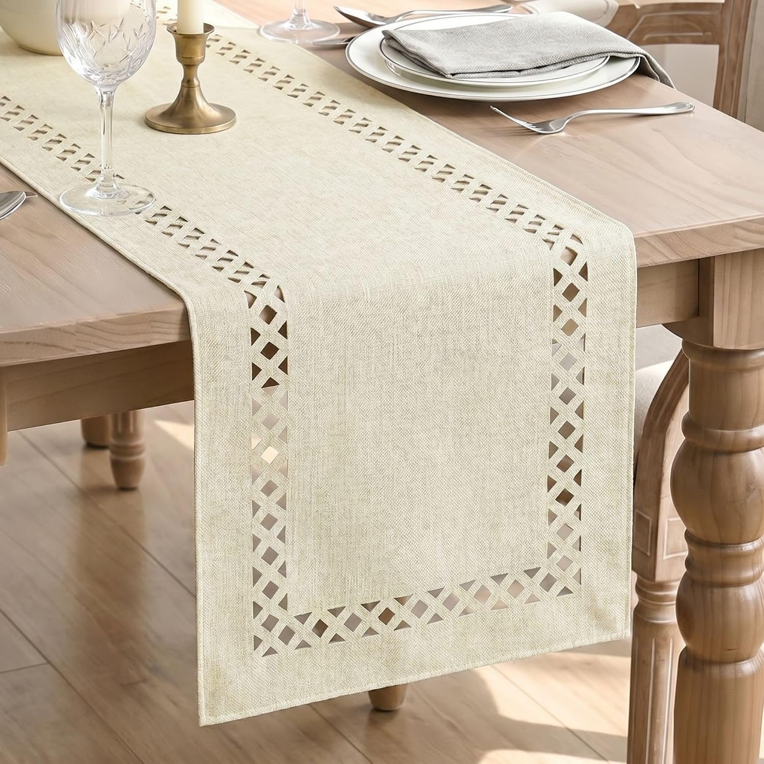 Artoid Mode Beige Rustic Geometric Hollow Table Runner, Seasonal Washable Kitchen Dining Table Decoration for Home Party Decor 13×72 Inch