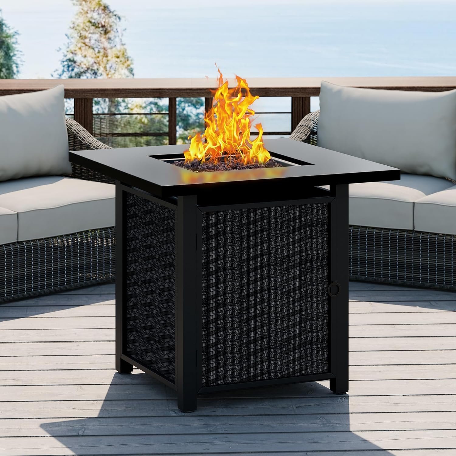 Propane Fire Table, 28 in Outdoor Fire Pit Table with Lava Rocks, 50,000 BTU Square Fire Table with Lid and Rain Cover, 2-in-1 Firepit Table for Patio, Backyard, Balcony