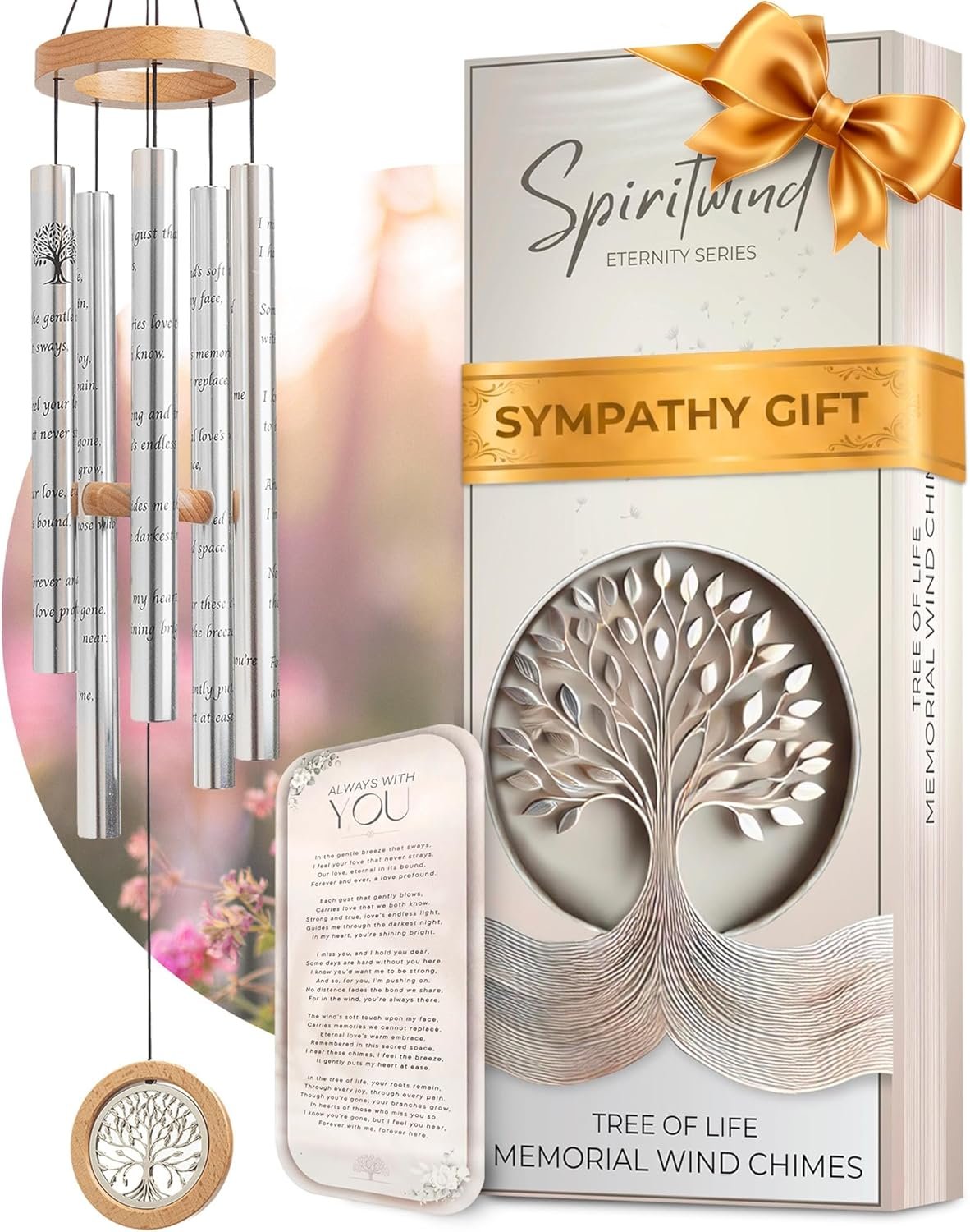 Tree of Life Memorial Wind Chimes for Loss of Loved One – Beautifully Packaged Memory Tree Windchimes in Memory of a Loved One – Sympathy Wind Chimes with Sympathy Card & Floral Keepsake (32″ Size)