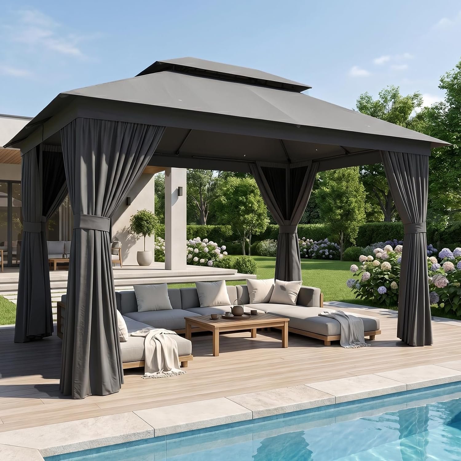 Aoxun 12’x10′ Outdoor Gazebo, 50mm Heavy-Duty Steel Frame Double Roof Canopy, Waterproof Polyester Patio Pavilion with Curtains and Netting for Backyard Garden, Dark Gray