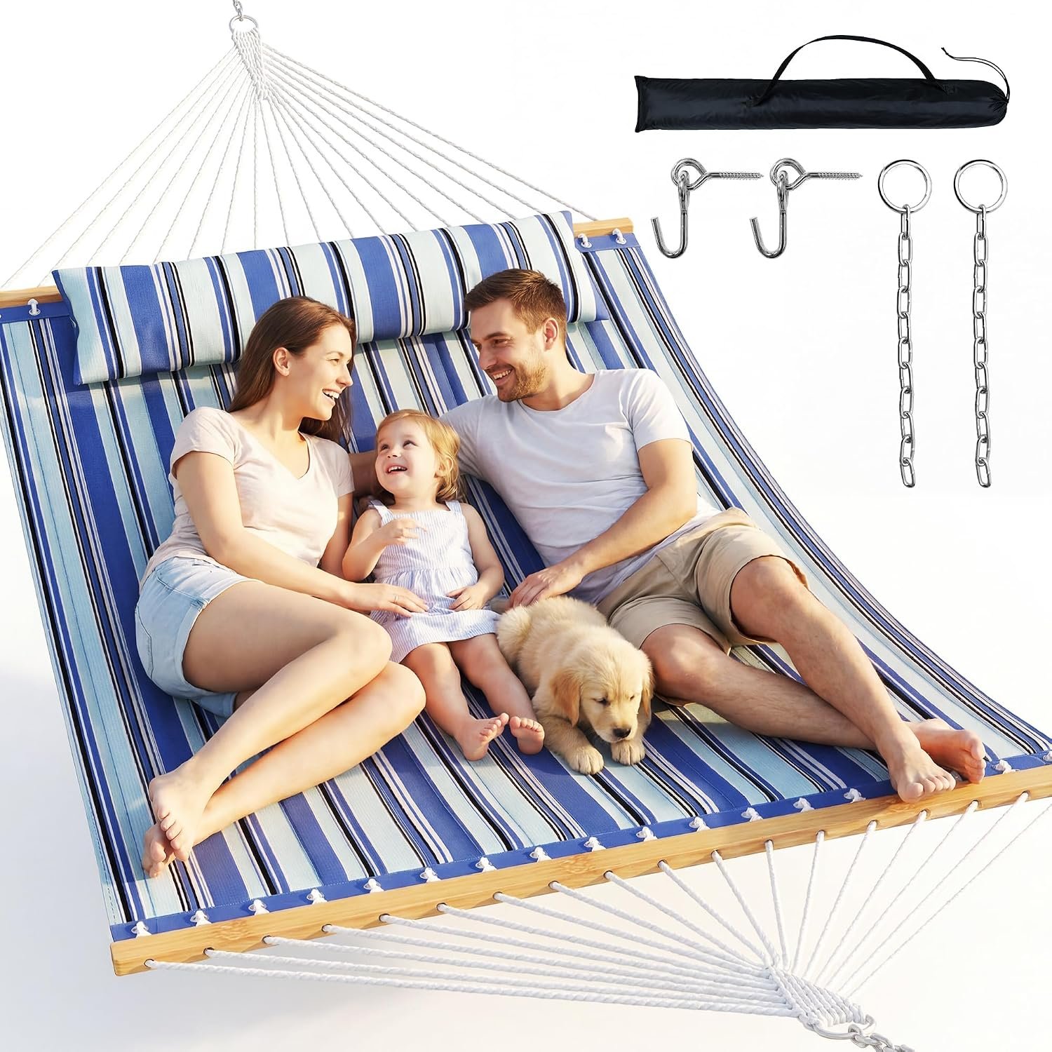 Everyfun Double Hammock with Spreader Bar – 2 Person Patio Hammock, 500 lbs Capacity, Soft Pillow & Carry Bag, Flat Wide Bed, Portable Quilted Hammock for Outdoor Camping Backyard Garden,Blue
