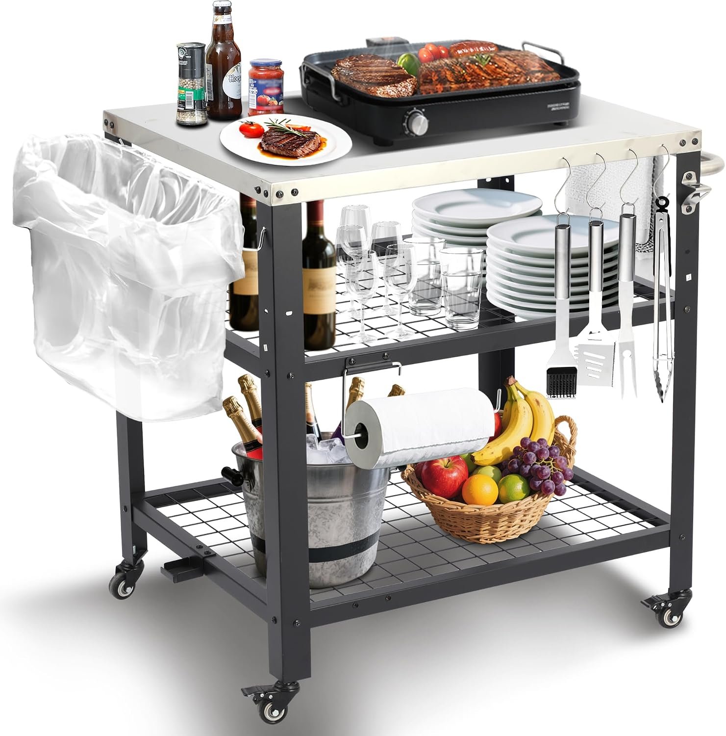 42″ Stainless Steel Grill Cart, Heavy Duty Outdoor Pizza Oven Table with 3-Tier Shelves & Hooks, Large Prep Station Workstation Lockable Wheels for Backyard Patio Garden Camping