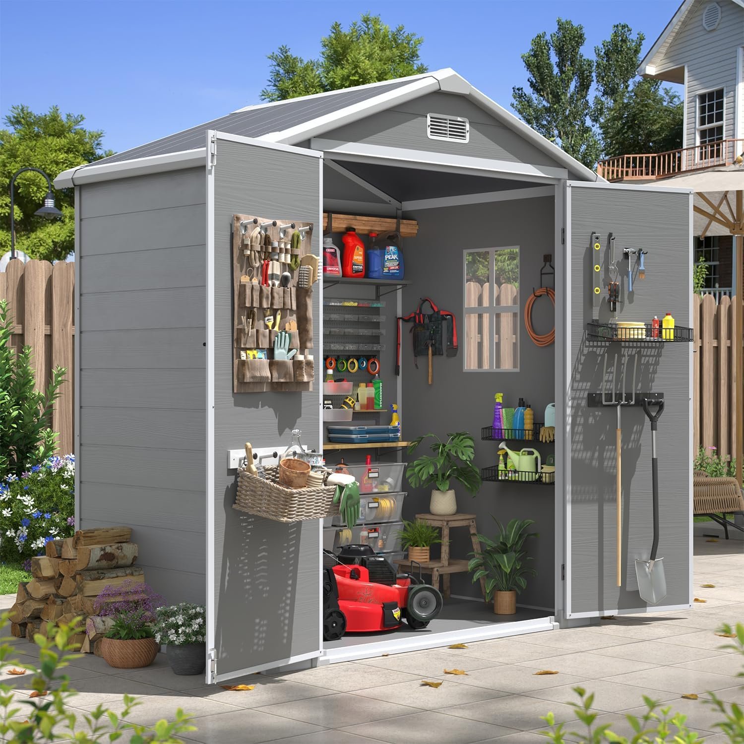 Aoxun 6×4 FT Outdoor Storage Shed, Plastic Garden Resin Shed with Floor and Window for Patio, Lawn, Outdoor Storage with Lockable Door for Bike, Tools, Garbage Can, Grey