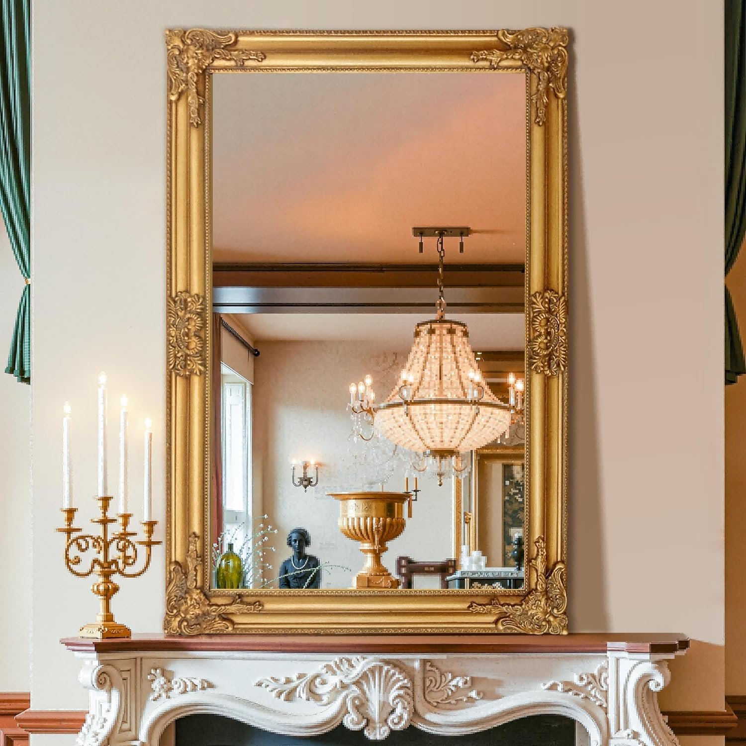 TRAHOME 24″x36″ Vintage Gold Baroque Wall Mirror, Ornate Antique Style Decorative Mirror for Entryway, Living Room, Fireplace Mantel, Hallway