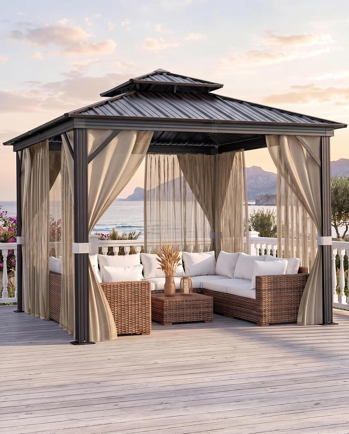 12 x 12 ft Hardtop Gazebo, Double Galvanized Roof, Aluminum Frame, with Netting and Curtains, for Backyard, Pario, and Lawn