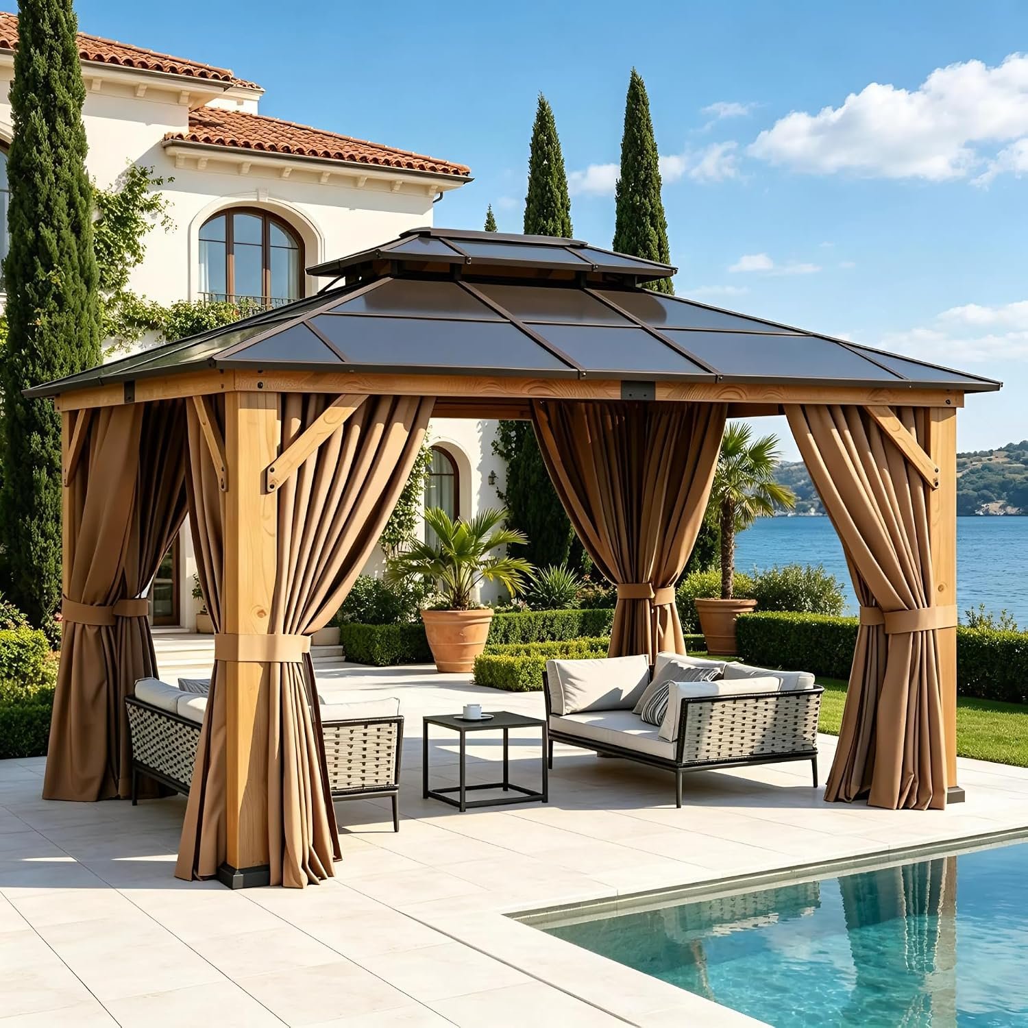Aoxun 10′ x 12′ Outdoor Wood Gazebo with Double Polycarbonate Top, Hardtop Gazebo Permanent Wooden Pavilion with Breathable Netting and Privacy Curtain for Patio, Garden, Deck, Cedar Wood, Natural