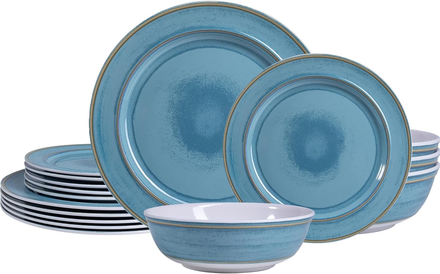 Melamine Dinnerware Sets,18 Piece Reactive Glaze like ceramic Dishes Set Service for 6,Nonbreakable and Lightweight Kitchen Plate and bowls Set, Great for Patio,Outdoors,RV,Camping
