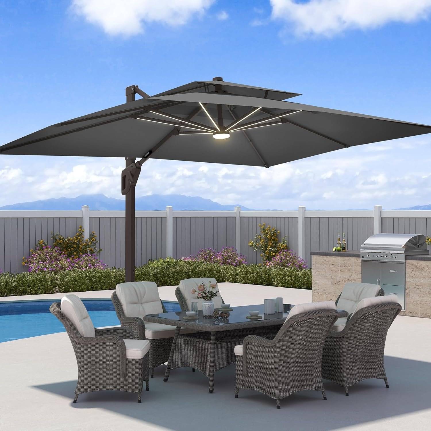 9×12 FT Patio Umbrella with Weighted Base and LED Lights Cantilever Outdoor Large Heavy Duty Rectangle Aluminum Offset Umbrellas Double Top 360 Rotation for Pool Deck Garden, Grey