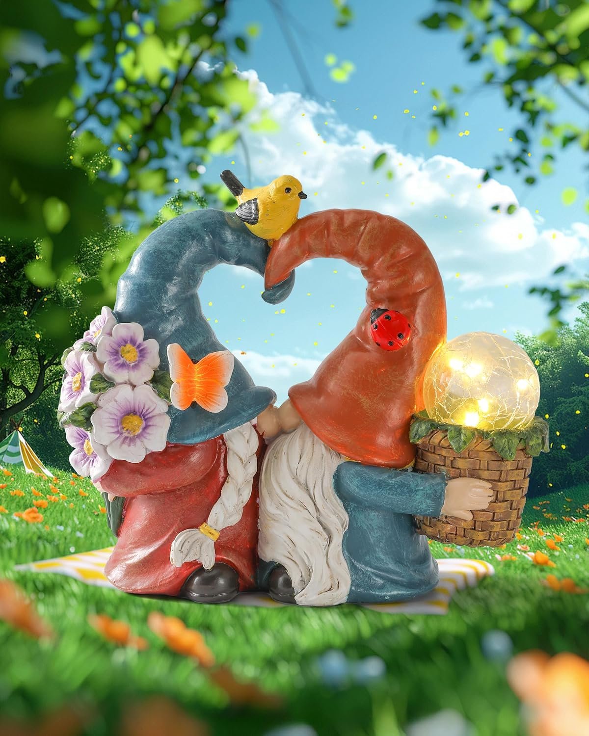 iStatue Solar-Powered 8.3” Spring Summer Kissing Gnomes Decorations for Home & Garden – Decorative Outdoor Lawn Ornaments and Statues Clearance (Loved Gnomes)
