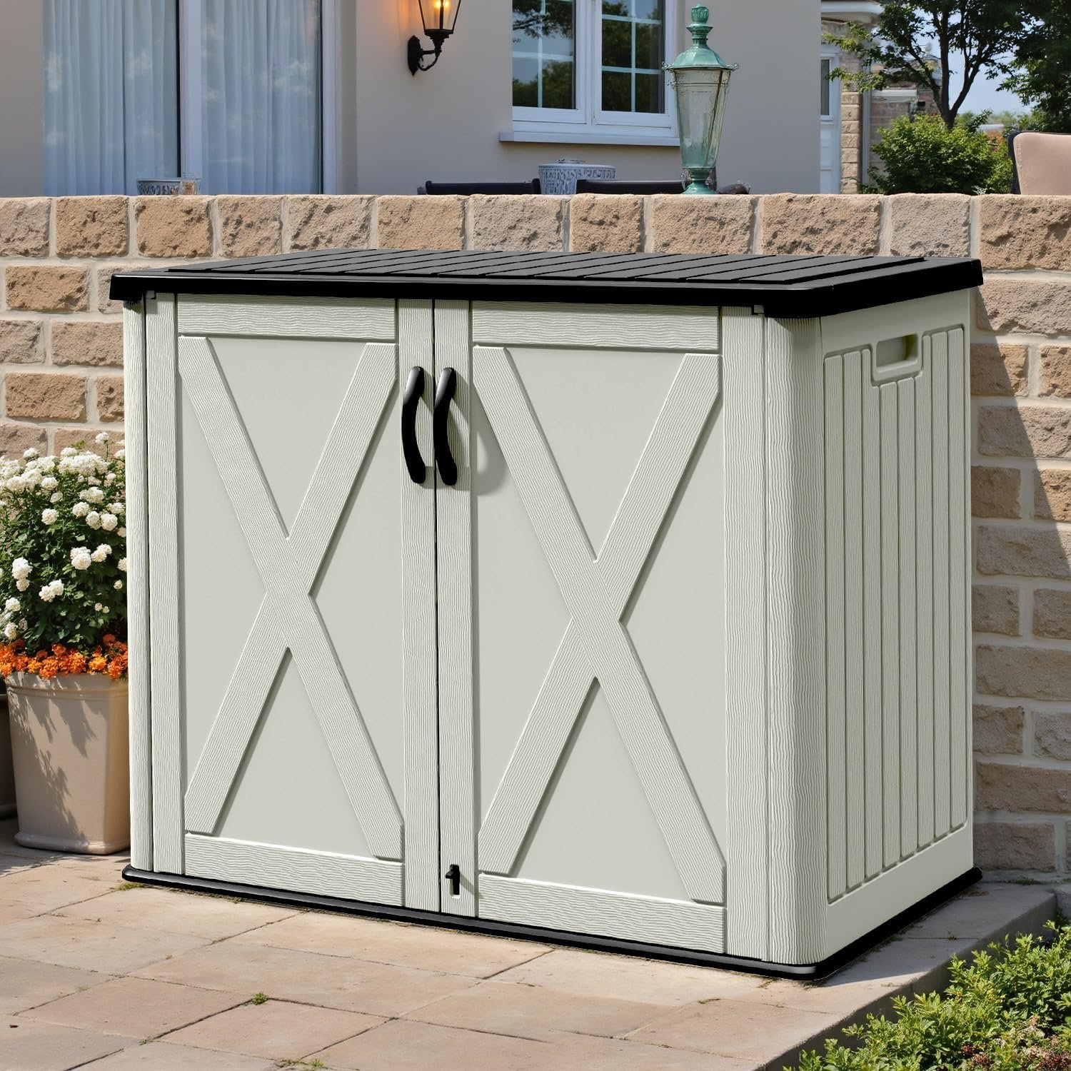 Patiowell 26 Cu.ft Outdoor Storage Cabinet with Lockable Door, Waterproof Horizontal Storage Shed for Tools and Patio Furniture, All-Weather Resin Shed Easy Assemble for Pool or Backyards, Brown