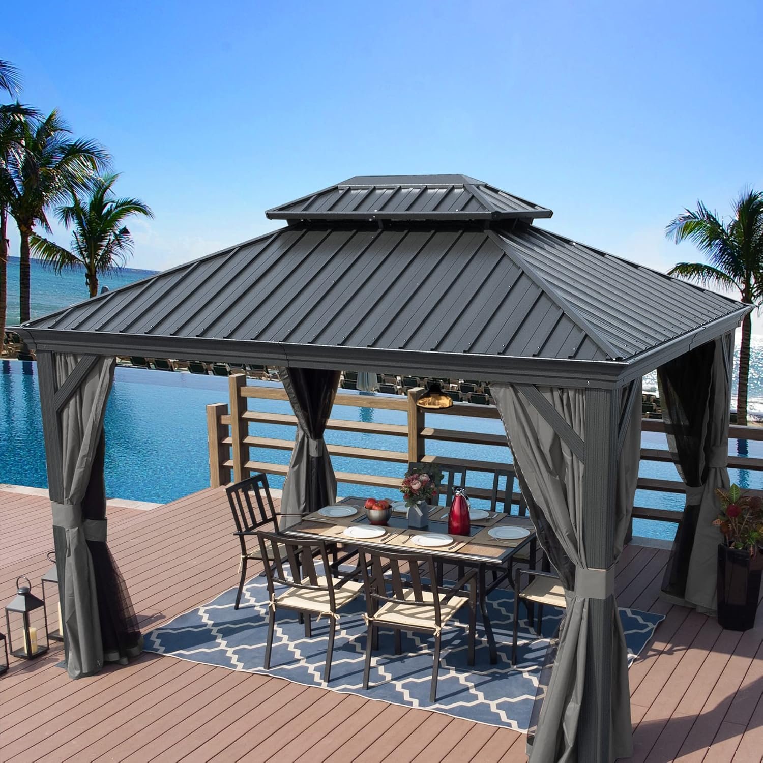 Kozyard Alexander 10′ x 12′ Hardtop Gazebo, Aluminum Frame with Galvanized Steel Double Roof, Outdoor Permanent Pavilion with Curtains and Netting for Patio, Backyard, Deck, Lawn (Gray)