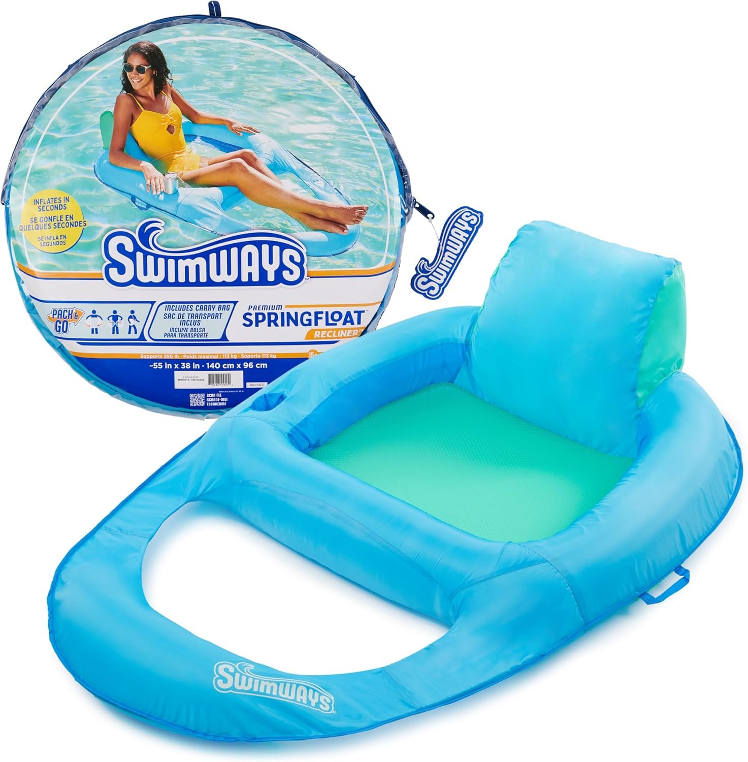 SwimWays Spring Float Recliner, Fast-Inflating Adult Pool Lounger; Ages 15+ | Patented Fast Inflation for Immediate Use During Travel, Fits Most Adults and Teens, Teens & Adults Can Lounge Comfortably